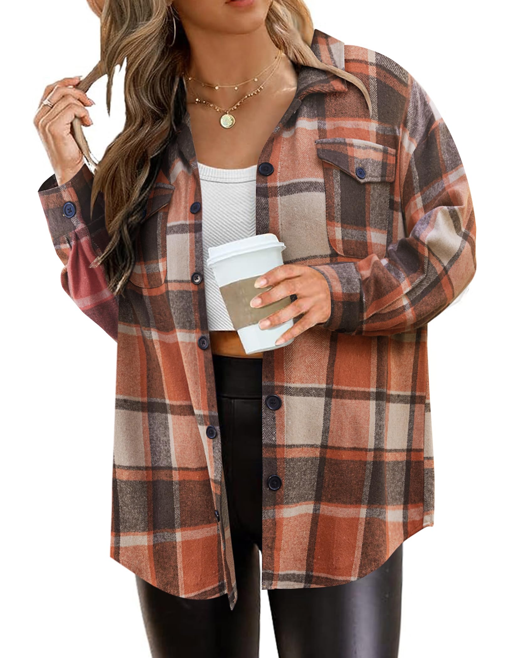 IN'VOLANDWomen's Plus Size Flannel Plaid Shacket Button Down Long Sleeve Flannel Shirts Casual Lapel Fall Jacket