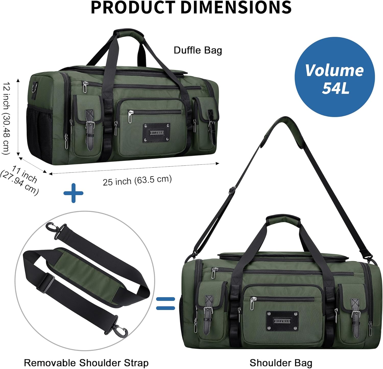 WITZMAN Duffle Bag for Men Large Carry On Weekender Bag 54L Nylon Duffle Gym Bags for Travel with Shoes Compartment(B717 Army Green) - Image 5