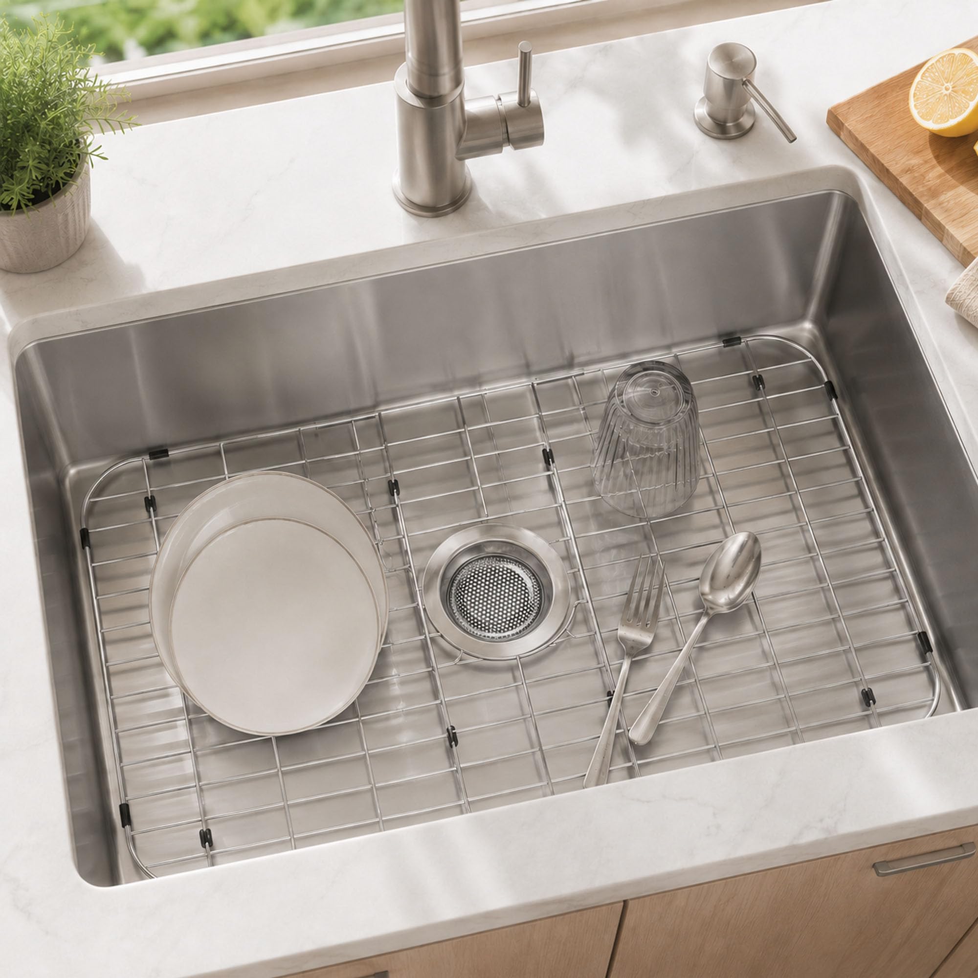 Redrubbit Griglia per lavello in acciaio inox e protezione per fondo lavello da cucina, 71 x 36 cm, con foro di scarico, per lavello singolo fatto a mano, griglia con coperchio per foro per lavello