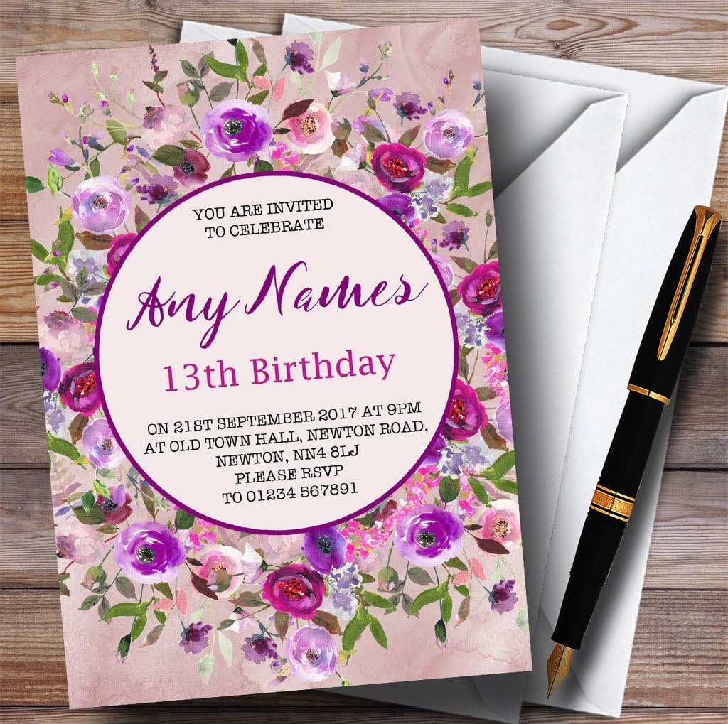Pink & Purple Watercolour Floral 13th Personalized Birthday Party Invitations