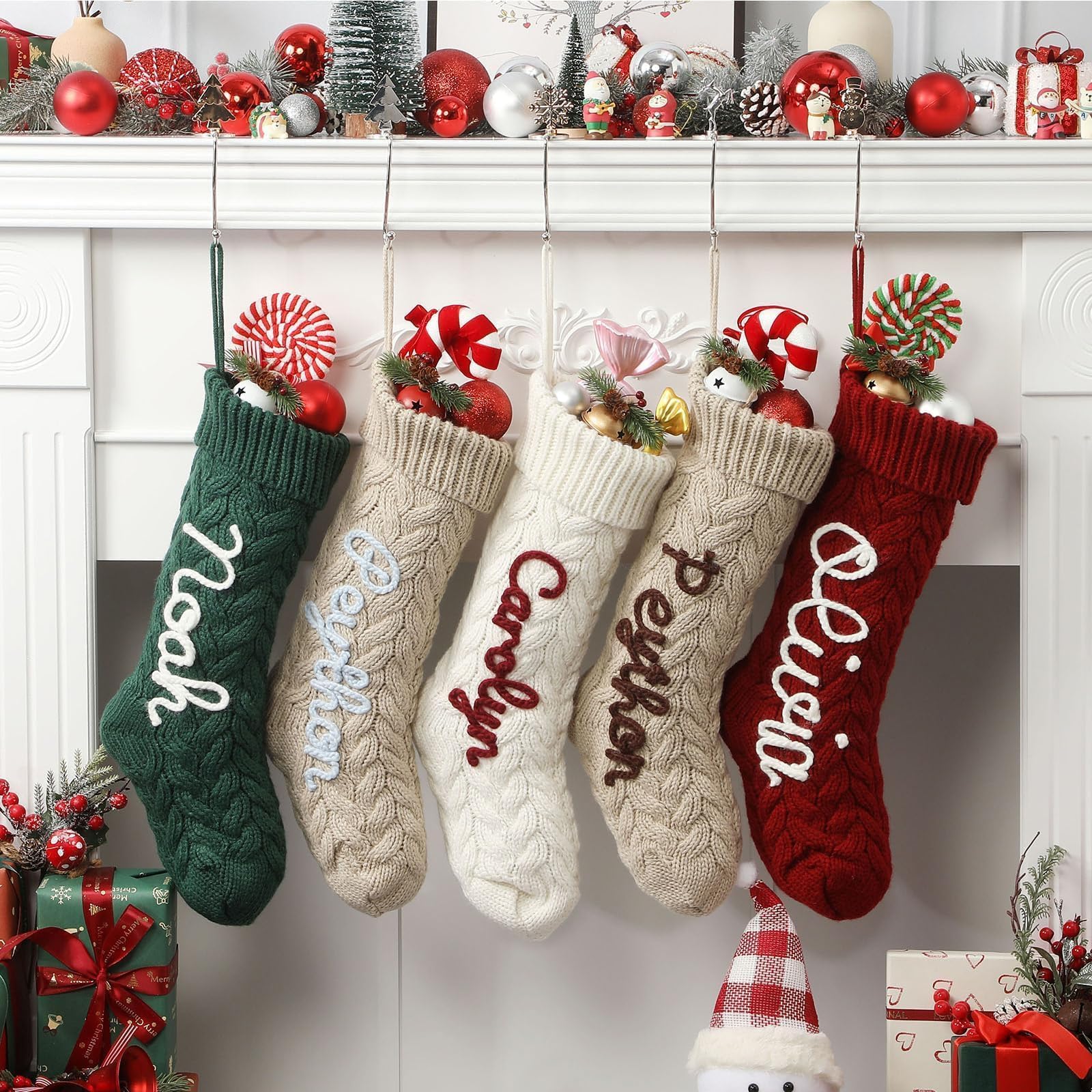 Infiher Personalised Christmas Stockings with Name & Monogram,Custom Knit Christmas Stocking for Baby Kids, 5 Pack 18” Large Xmas Stockings for Fireplace or Holiday Decor