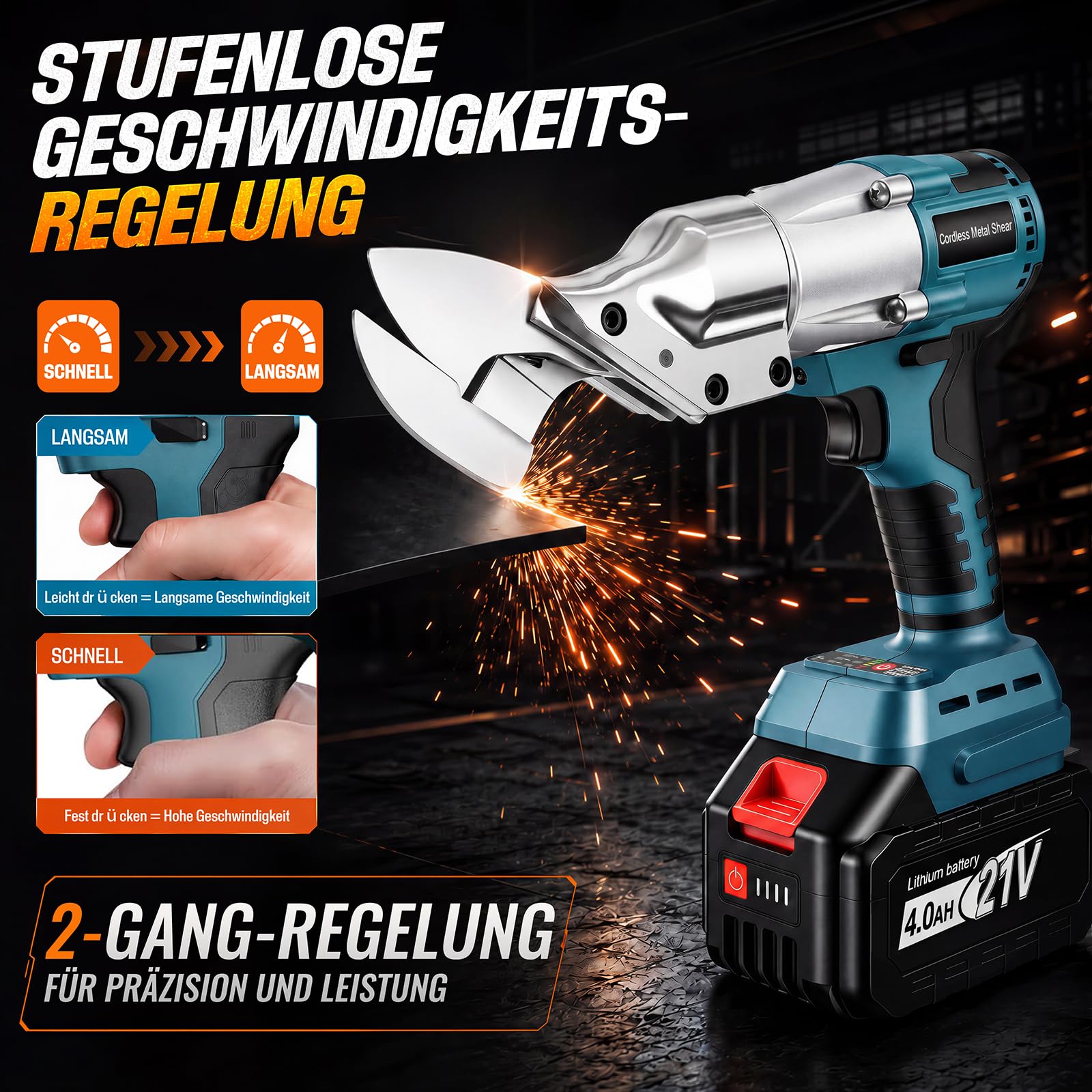 Akku Blechschere Kompatibel mit Makita 18V Akku, 2 * 4000mAh Akkus Blechschere Elektrisch, 360° Drehbarer Kopf, Bürstenlos Elektrische Schere zum Schneiden von Stahl, Bleche, PVC, Aluminium