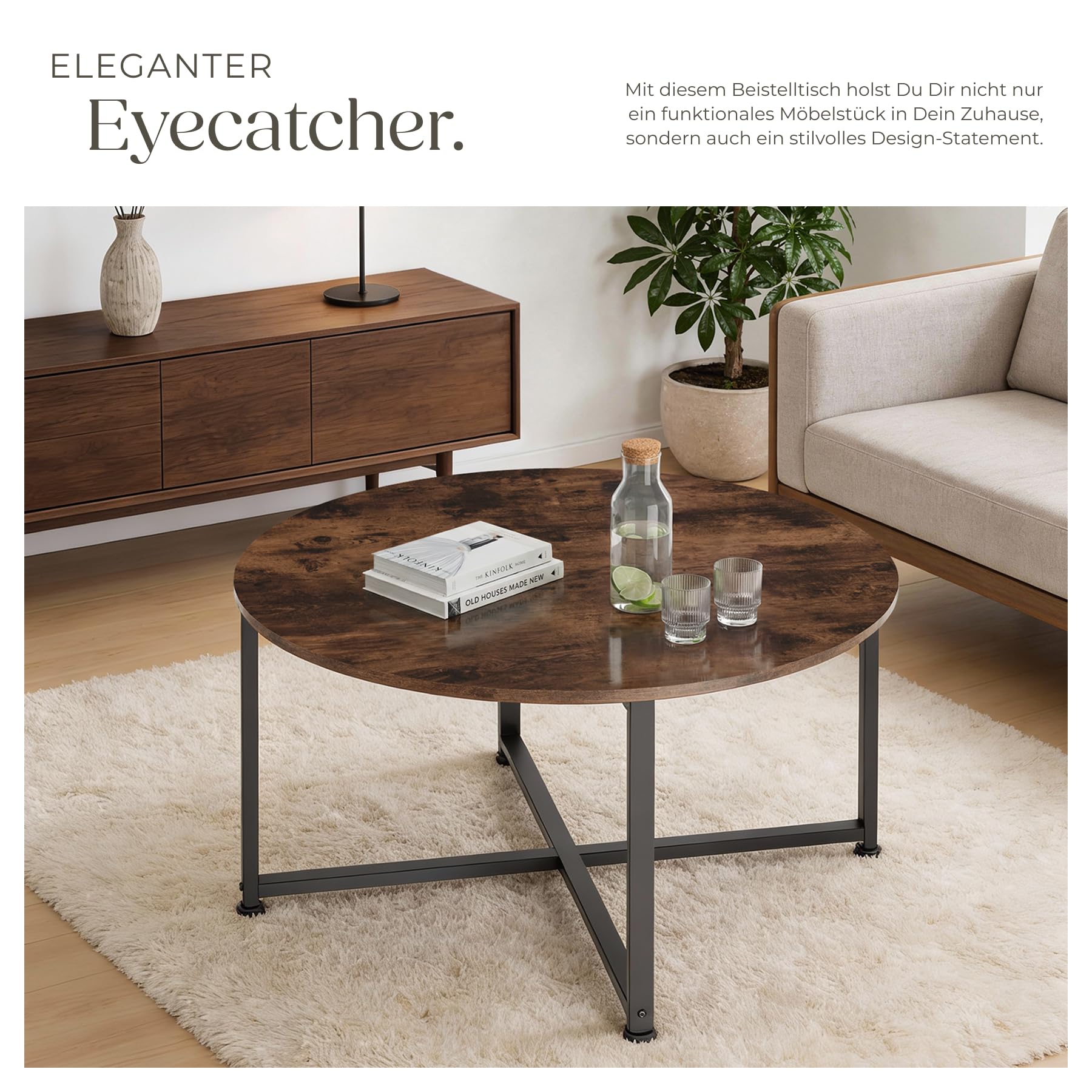 tectake® Couchtisch rund Holz und Metall, Beistelltisch rund, runder Tisch Wohnzimmer, Sofatisch, Wohnzimmertisch, Coffee Table Ø 88,5 cm, einfache Montage - Industrial Holz dunkel, rustikal