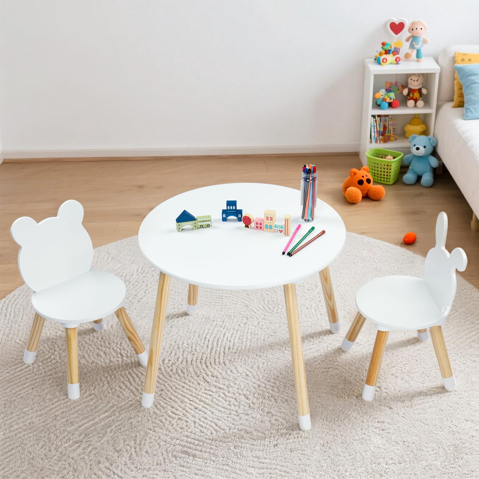 LEADZM Kindertisch mit 2 Stühlen, Kindersitzgruppe, Sitzgruppe für Kinder, mit Kiefer Beine Kindermöbel für Kinderzimmer Kindergärten Weiß