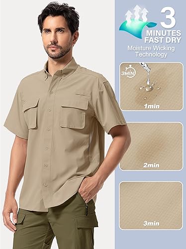 Miniatura 6 de Camiseta de manga corta para hombre, protección solar UPF 50+, secado rápido, para pesca, safari, senderismo, con bolsillo con cremallera, ligera