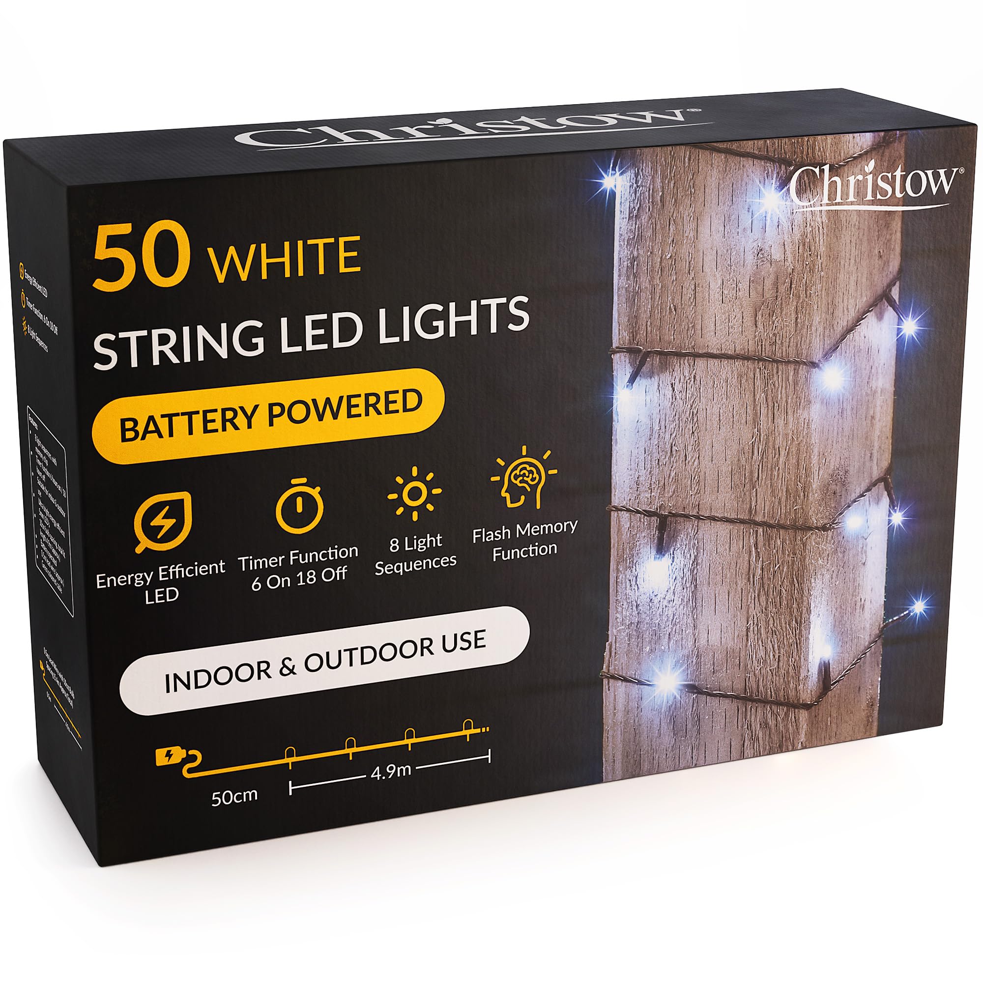 Christow White Christmas Fairy Lights Battery Operated, Led String Lighting With Timer, Indoor & Outdoor, 8 Light Modes Flashing & Static, Green Cable (50 Led / 5M Lit Length)