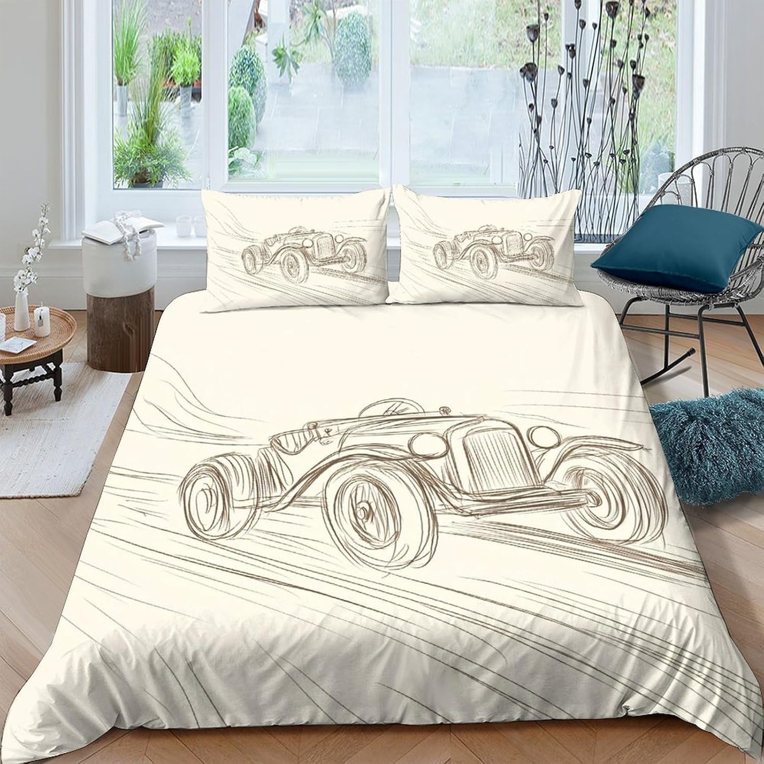 Housse de couette 220x240 cm et 2 taies parure de lit 2 personnes motif voitures F-3119