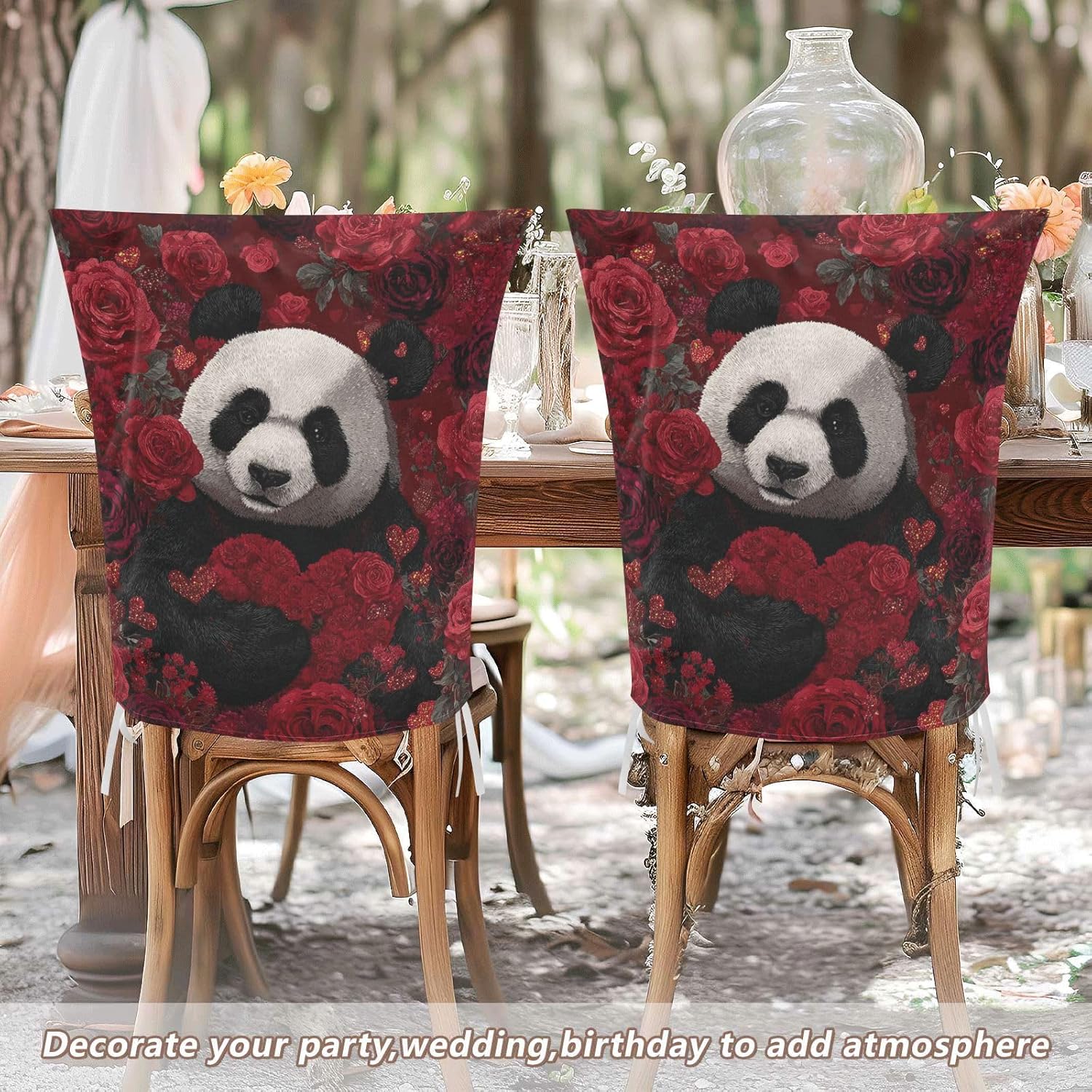 ALAZA Cute Panda Roses Hearts Chair Back Cover Set of 6, Washable Reusable Removable Chair Slipcovers Decorative Chair Cover for Home Kitchen Wedding Party