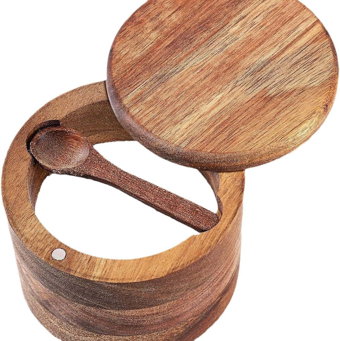 Acacia Wood Salt Cellar, elegant salt jar with magnetic rotating lid, kitchen to storage salt box, equipped with spoon, pepper, spices or favorite seasonings (single compartment, 6.5 ounces)