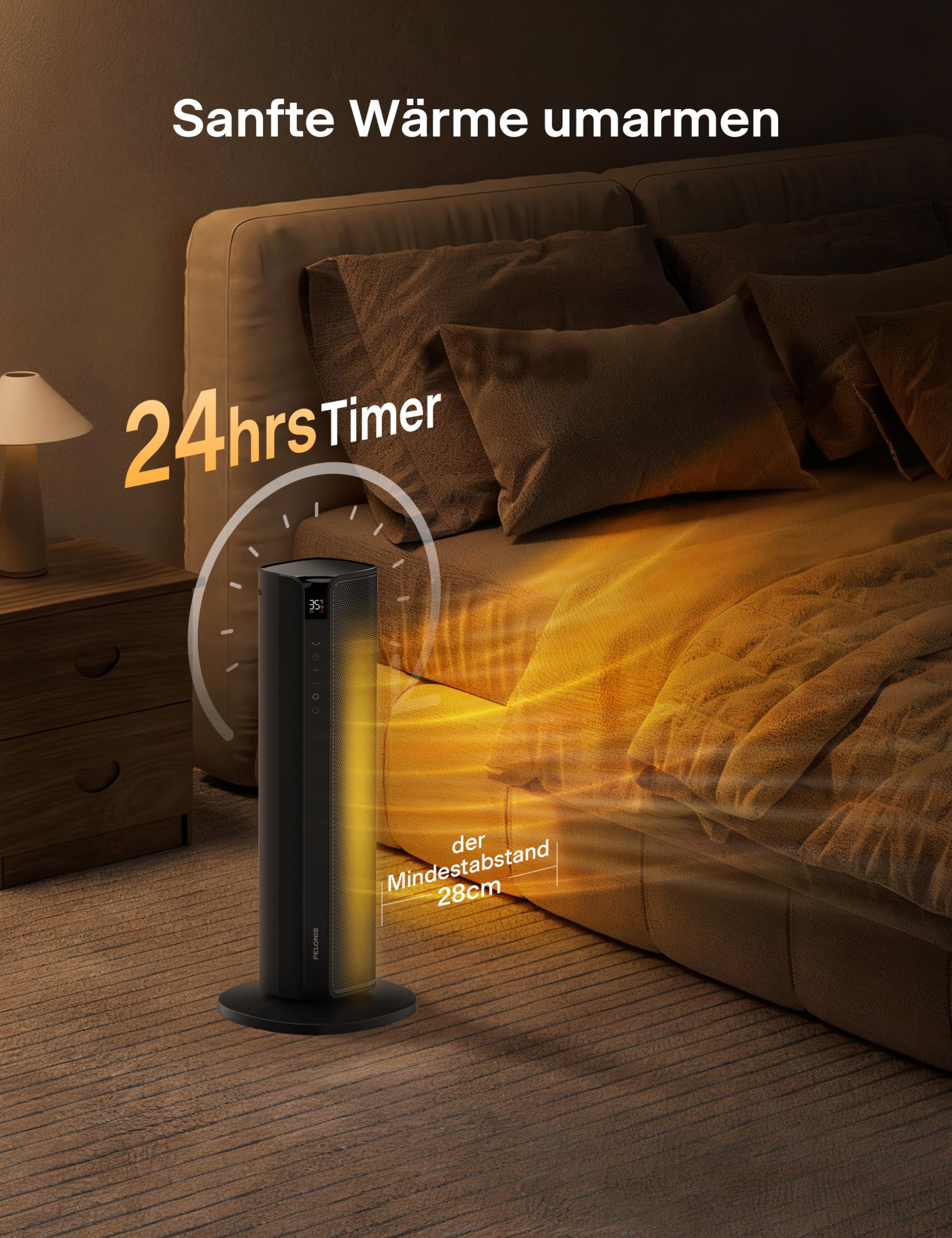 PELONIS Turmheizung Elektrischer Heizlüfter 2000W mit Fernbedienung, 2S Schnellheizung, 75° Oszillation, ECO Modus, Überhitzungs- & Kippschutz, Leise Keramikheizung für Schlafzimmer & Büro