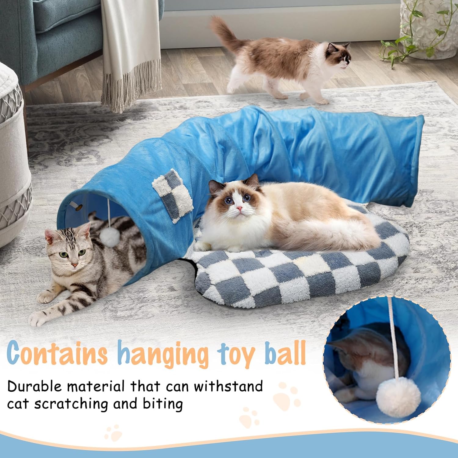 Bunny Tunnel Bed, Cat Tunnel, Collapsible Tunnel Tubes,Bunny Toys with Removable Mat, Guinea Pig Houses and Hideouts, for Cats Kittens Rabbits