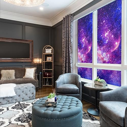 Miniatura 6 de BoeHiop Película de privacidad para ventana, adhesivo esmerilado de galaxia azul y morado, calcomanías decorativas para cubierta de vidrio, vinilo