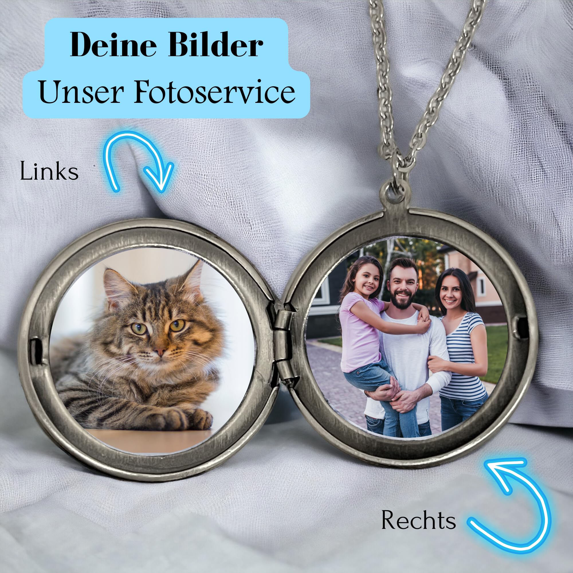 MadamLili - Personalisierbare Kette Foto Medaillon Amulett Aufklappbar - Kostenloser Fotoservice - Alt Silber Optik - Kette 70cm - Handgefertigt - Gravur Schmuck - Namenskette - Exklusive Schmuckbox