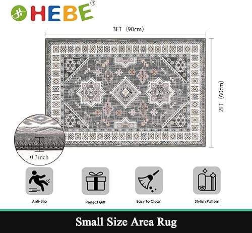 Miniatura 2 de HEBE - Alfombra lavable de 2 x 3, alfombra de entrada, suave, envejecida, alfombra de área pequeña, antideslizante, alfombra bohemia para