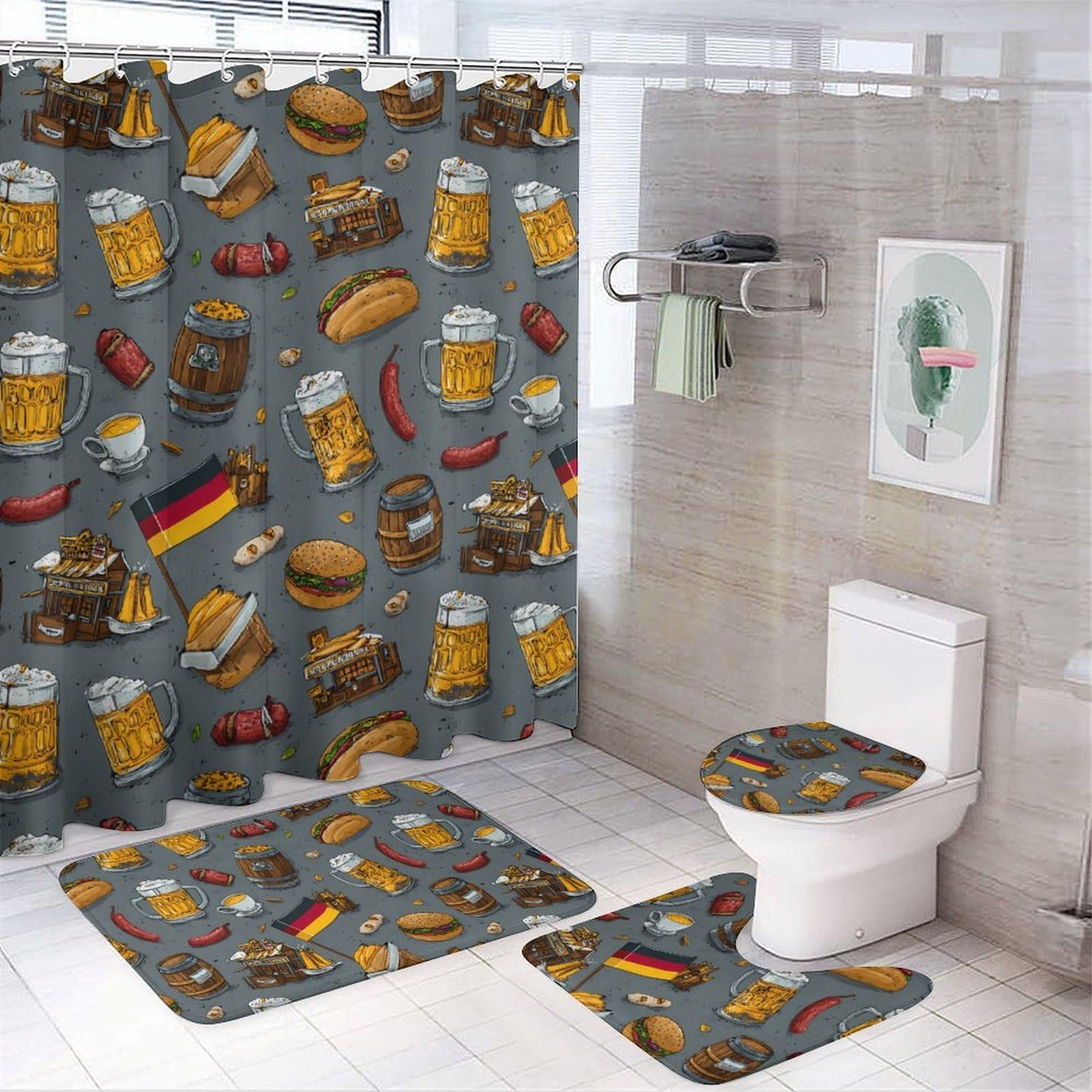 CGSBNGHA Germany Flag Beer German Food Shower Curtain Set 4 Piece Bathroom Sets with Rugs Toilet Lid Cover And U-Shaped Floor Mat