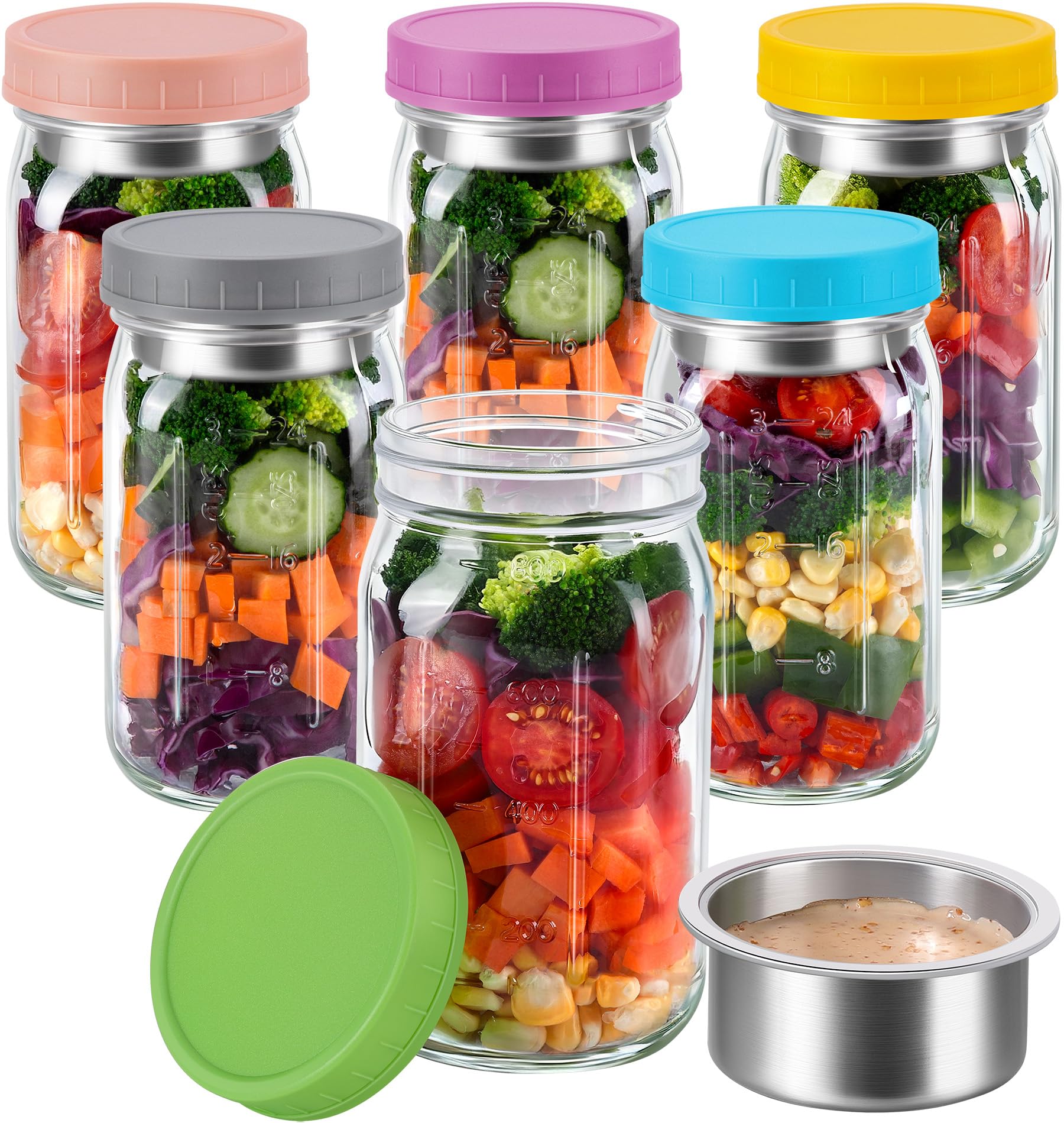 KTKUDY 6 Pack 32 oz Glass Salad Jars with Dressing Cups (Pod)