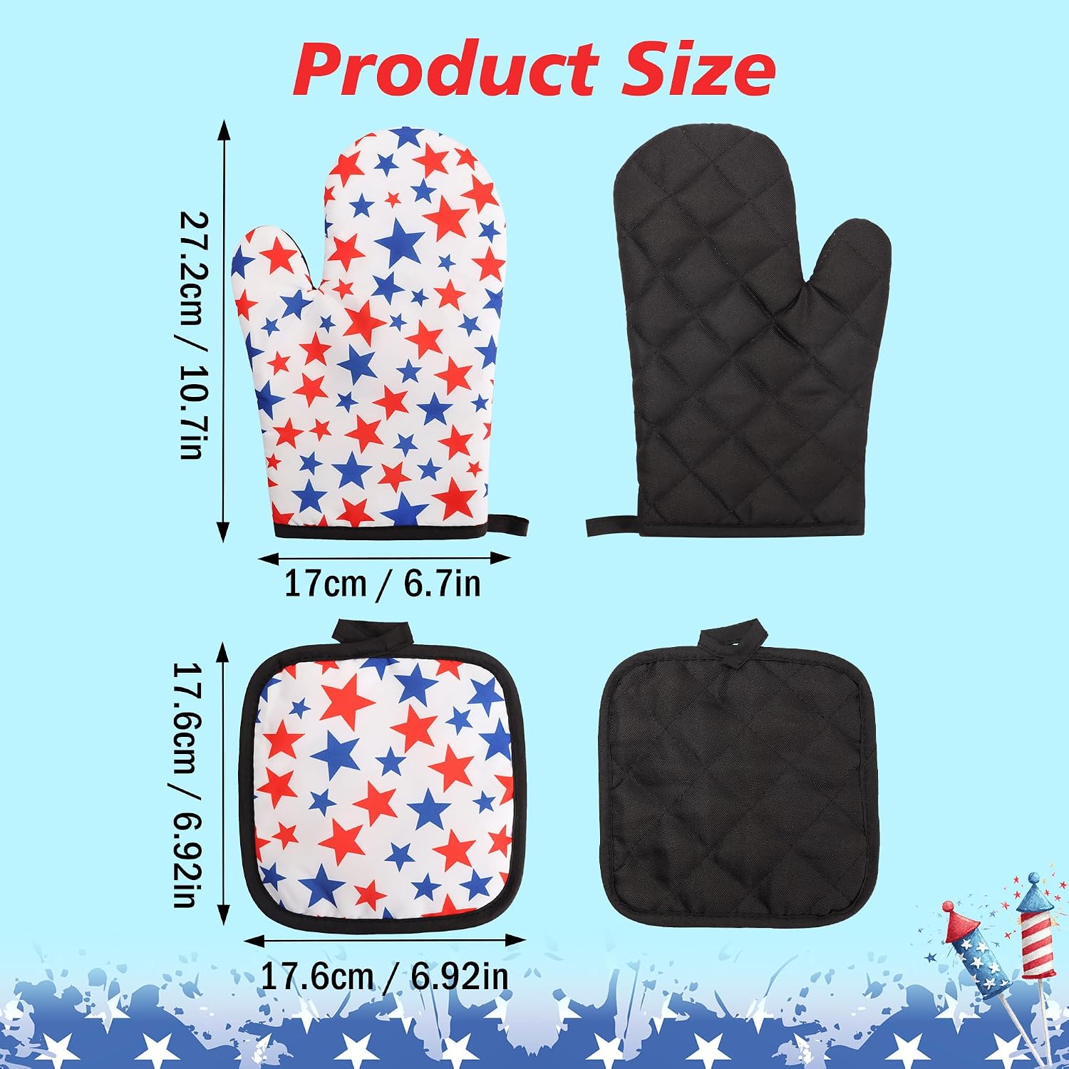 Lucleag 4 PCS 4th of July Oven Mitts and Potholders, Independence Day Red Blue Star Oven Mitt Pot Holder Heat Resistant Patriotic Potholder for Fourth of July Grilling Baking Party Favors