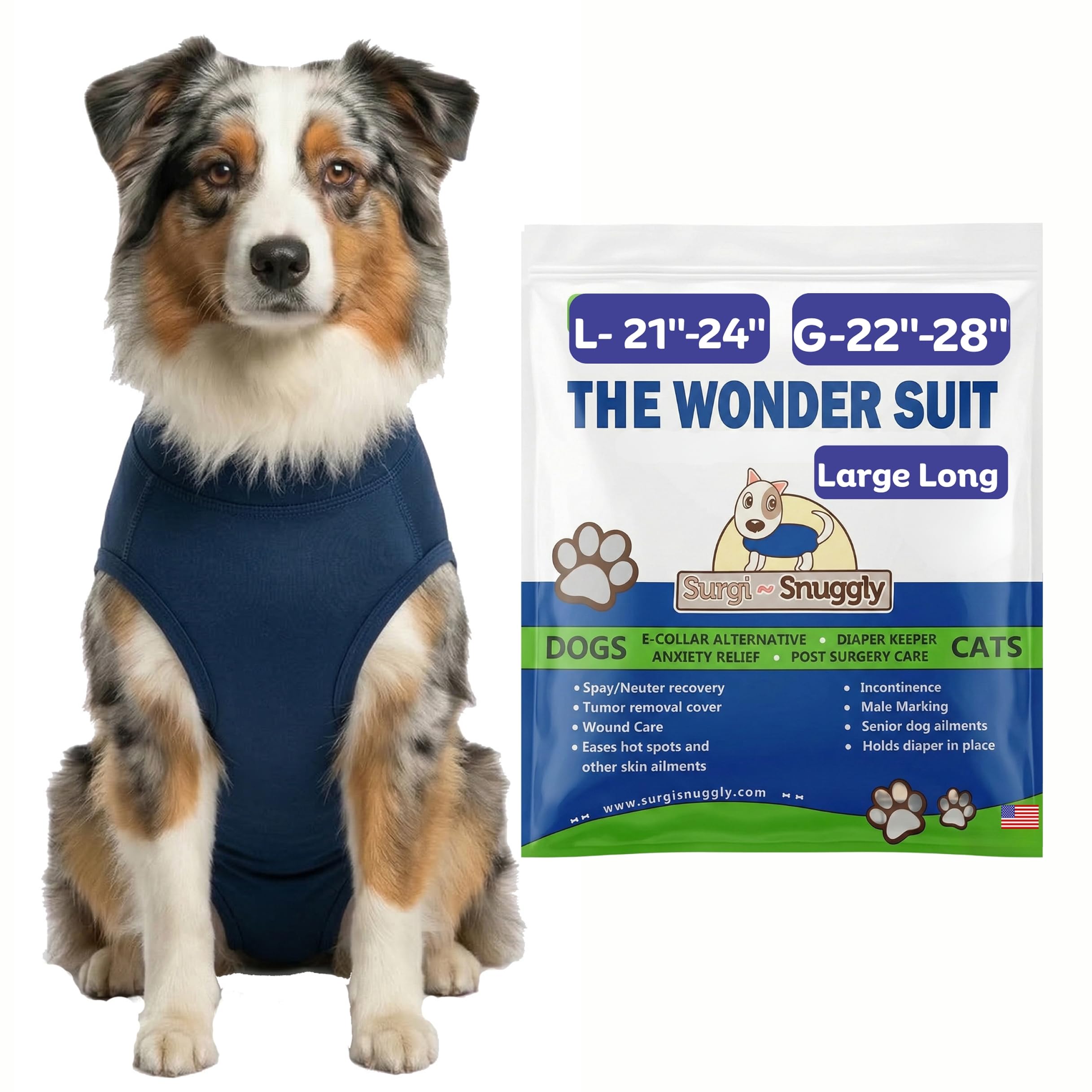 Surgi Snuggly Dog Surgery Recovery Suit – Dog Onesie for Post Surgery Recovery, Female Spay & Male Neuter – Surgical Suit for Dogs, E-Collar Cone Alternative, Double Blue - Large Long - 21" - 24" (EC)