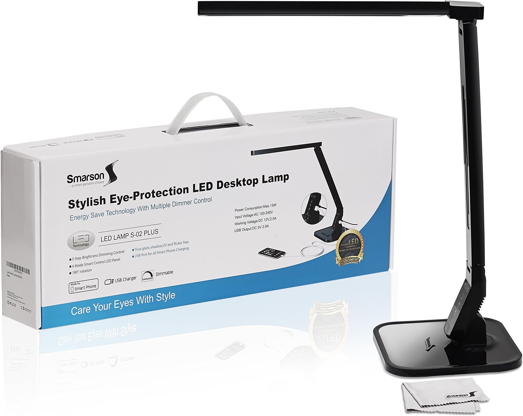 Smarson LED Desk Lamp, 4 Light Modes, 5 Dimmer Levels, USB Port, Black