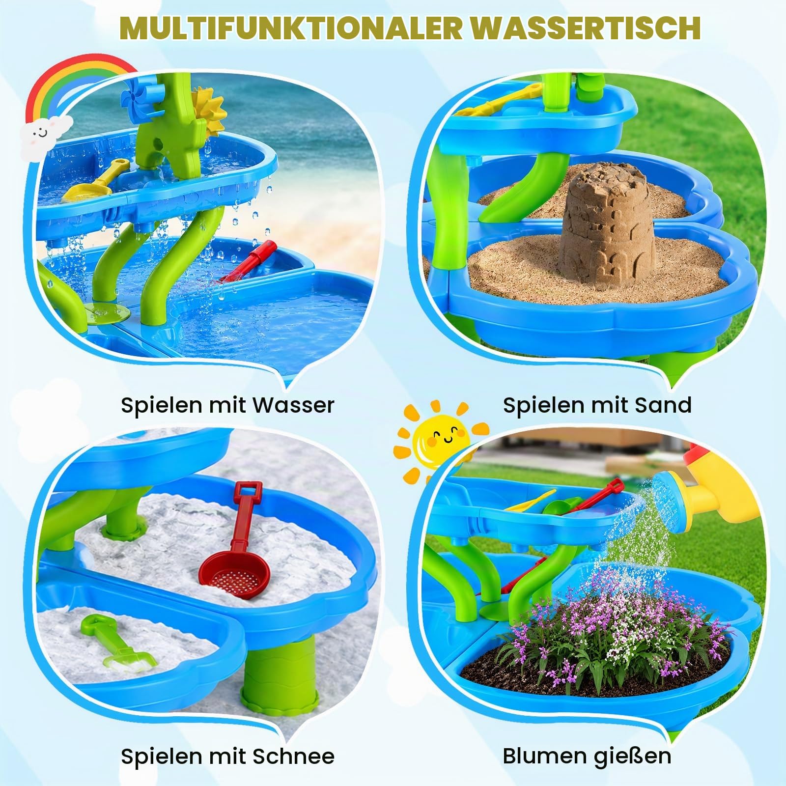 4-Tier Wasserspieltisch Kinder Outdoor, Großer Wassertisch | Sand und Wasser Tisch für Garten, Im Freien & Strand, Aktivitäten-Spielset mit Strandspielzeug-Zubehör, ab 3 Jahr