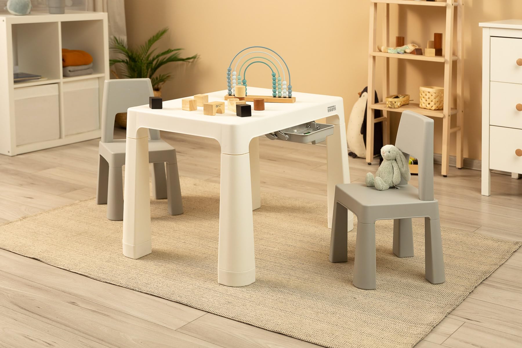 IKS2 Toyz Monti - Mesa infantil con 2 sillas, a partir de 3 años, juego de mesa y 2 sillas para niños, mesa y sillas pequeñas de plástico, para exterior e interior, color gris