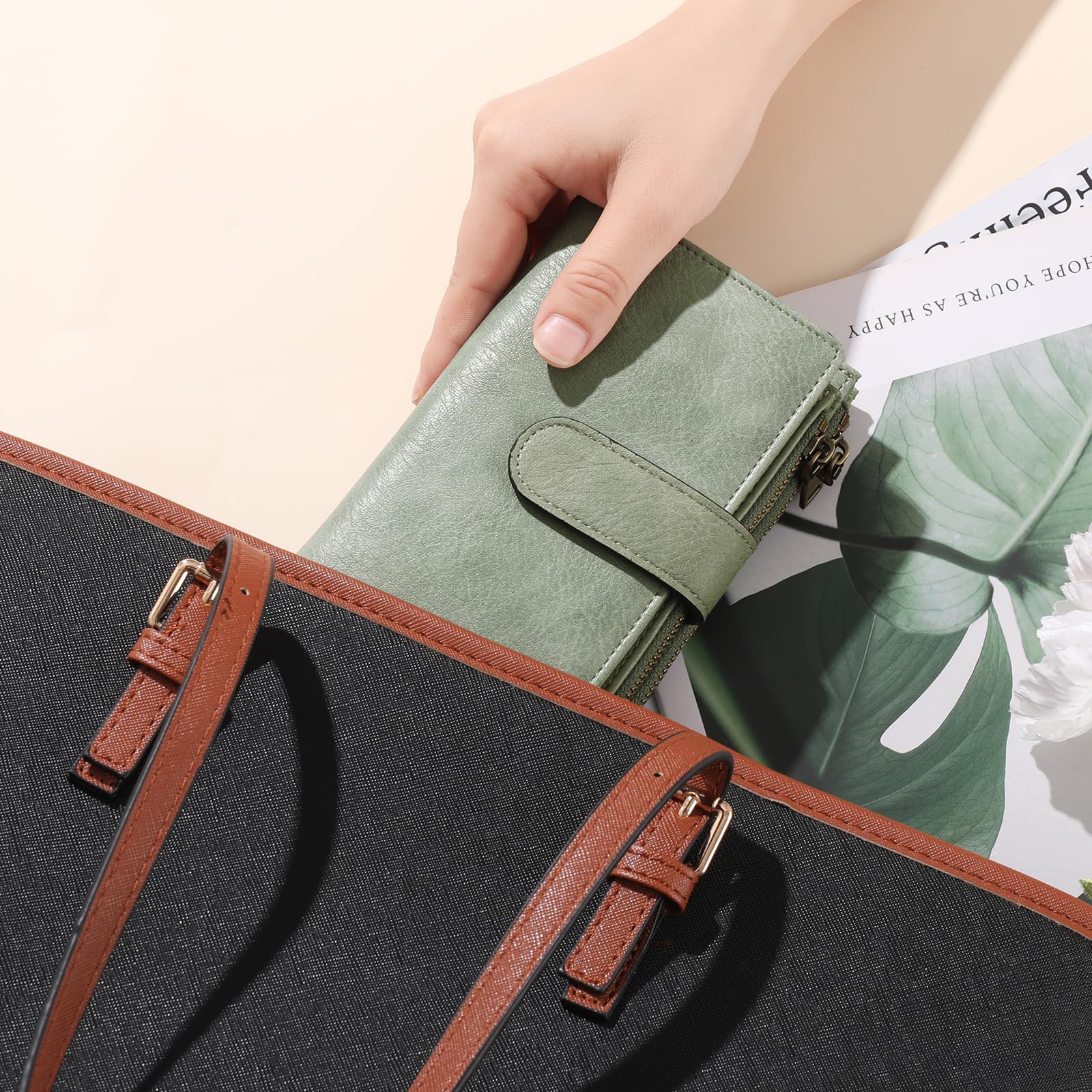 GOIACII Portefeuille Femme Cuir Moyen Porte-Cartes de Crédit RFID Double Fermeture éclair Porte Monnaie Grande Capacite avec 16 Cartes et 3 Fenêtre D'identification