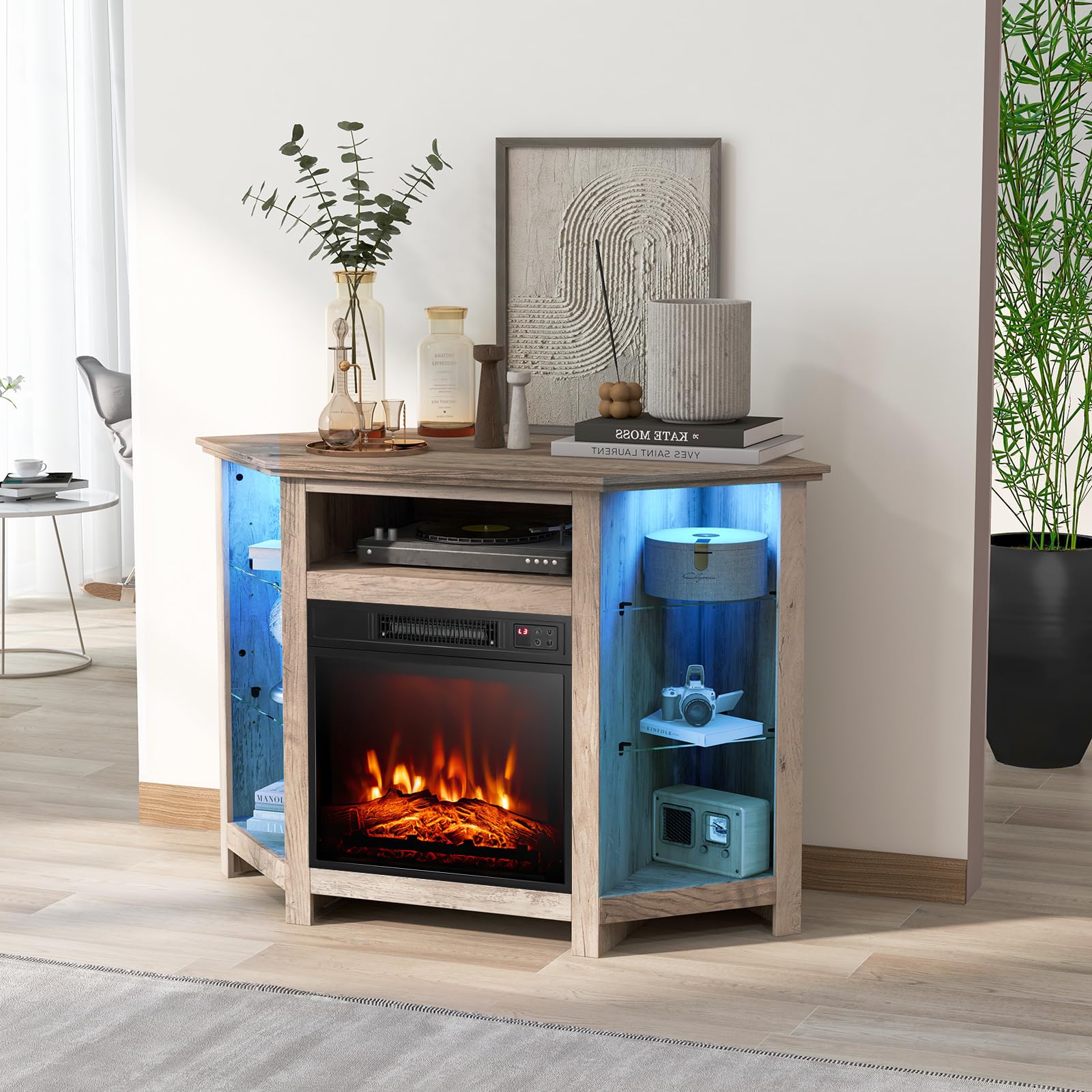 COSTWAY Electric Fireplace Corner TV Stand with 16-Color LED Lights, 3 Brightness, Remote and APP Control, Modern Electric Fireplace Entertainment Center for TVs Up to 50 Inches, Gray