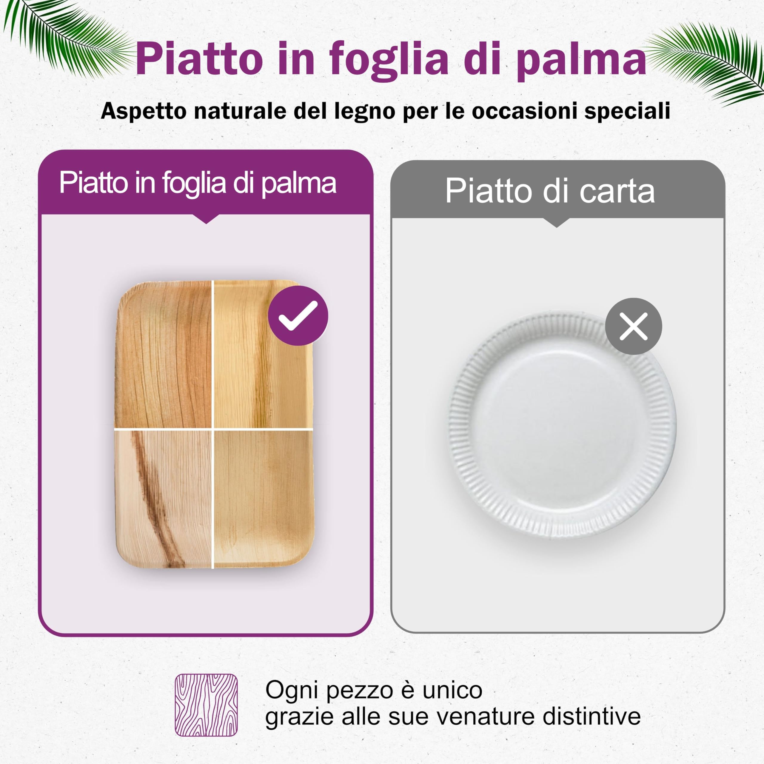 Piatti in Foglia di Palma Ecologici - 25 Pz Rettangolari 28x18 cm - Stoviglie usa e getta Biodegradabili Eleganti - Leggeri e Resistenti - Naturali e Compostabili - Simile al Bamboo e Legno