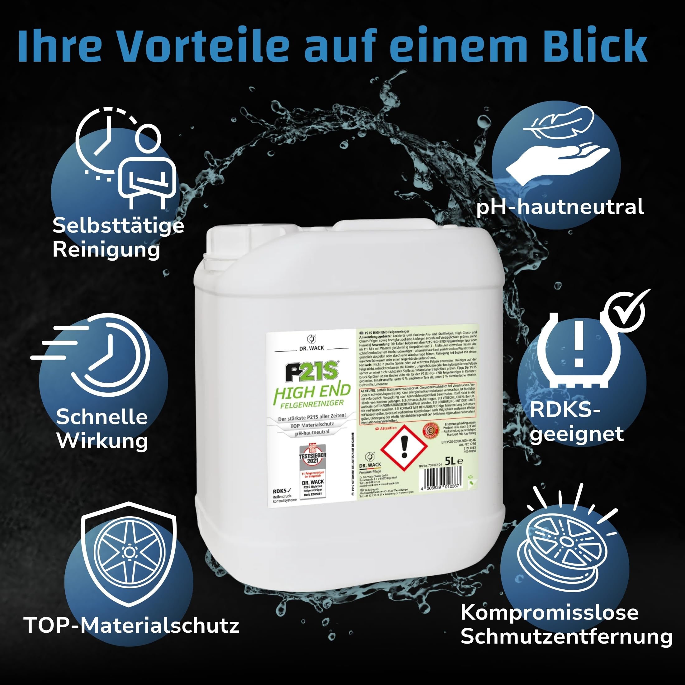 DR. WACK - P21S HIGH END Felgenreiniger 5 Liter - Felgen Spray mit Gel-Formel & Wirkindikator - Schnelle & schonende Reinigung - pH-hautneutral & biologisch abbaubar - Hochwertige Autopflege