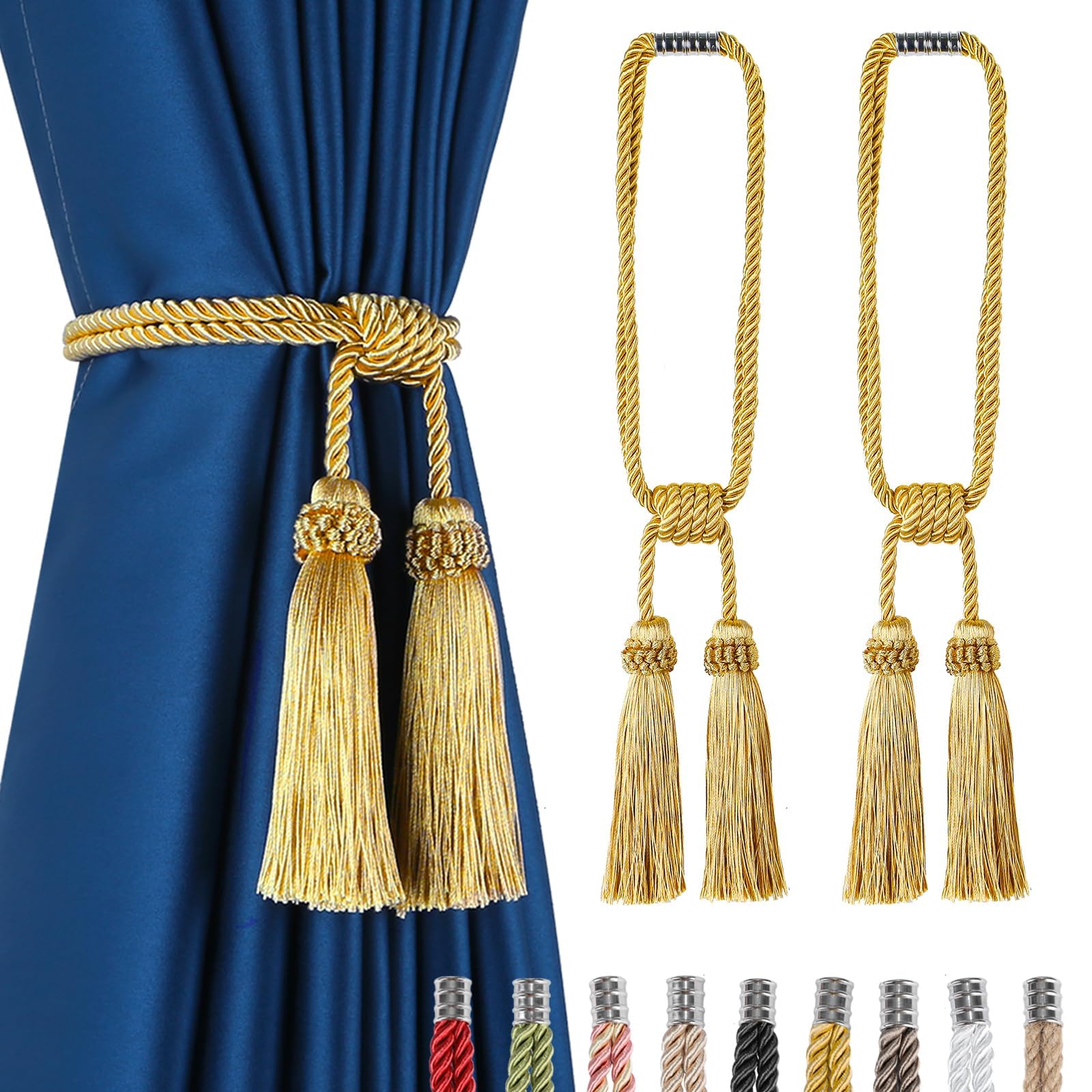 Fenghuangwu Magnetic Curtain Tiebacks 4Pack Tassel Curtain Tieback Modern Handmade Tie Backs,Decorative Tassel Holdback for Draperies,Window Decor (2, Gold)