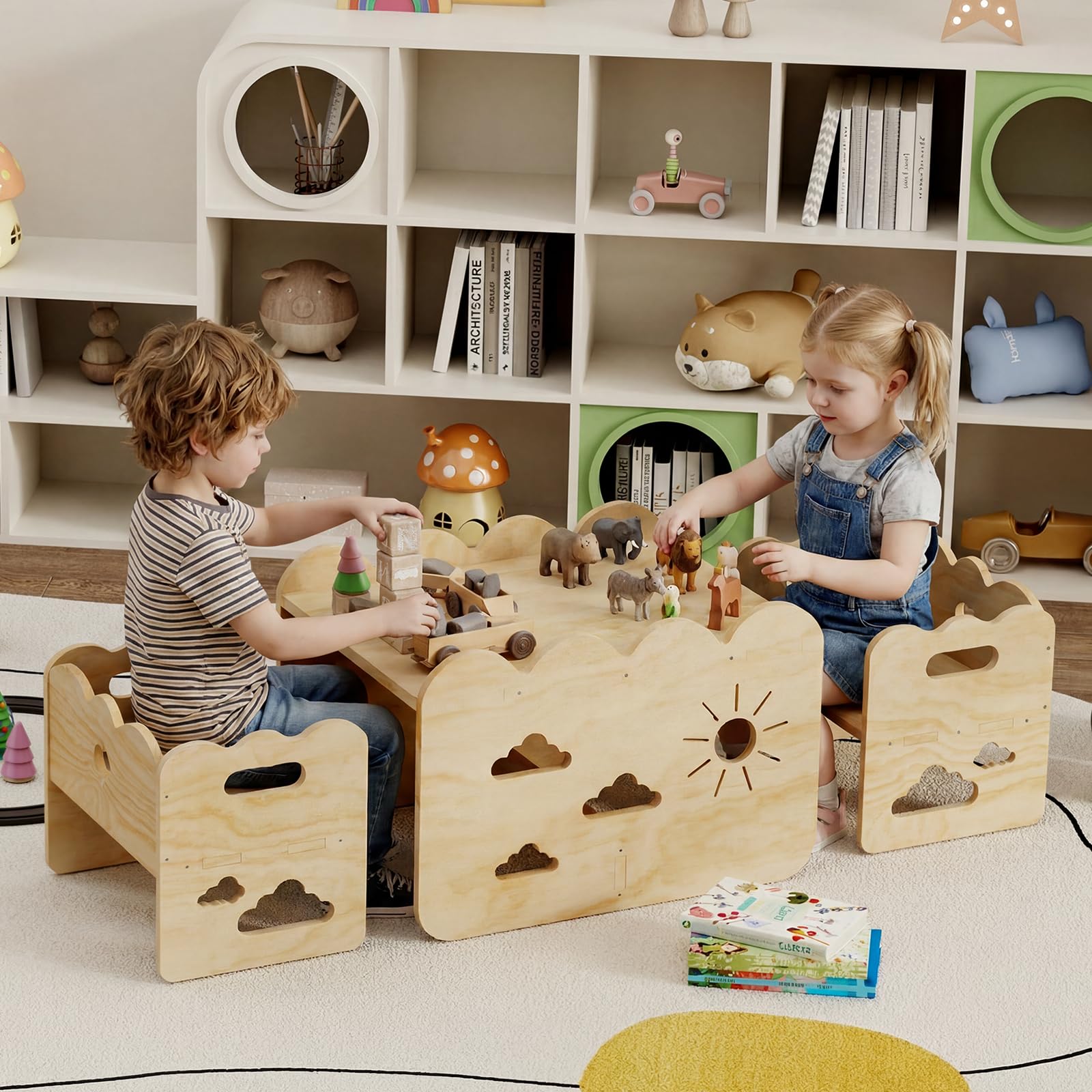 Kindertisch-Set mit 2 Stühlen aus Holz – Montessori-Tisch und -Stühle, Montessori-Möbel, Kindertisch-Stuhl-Set，ideale Montessori-Möbel für Mahlzeiten, Lernen und Spielen