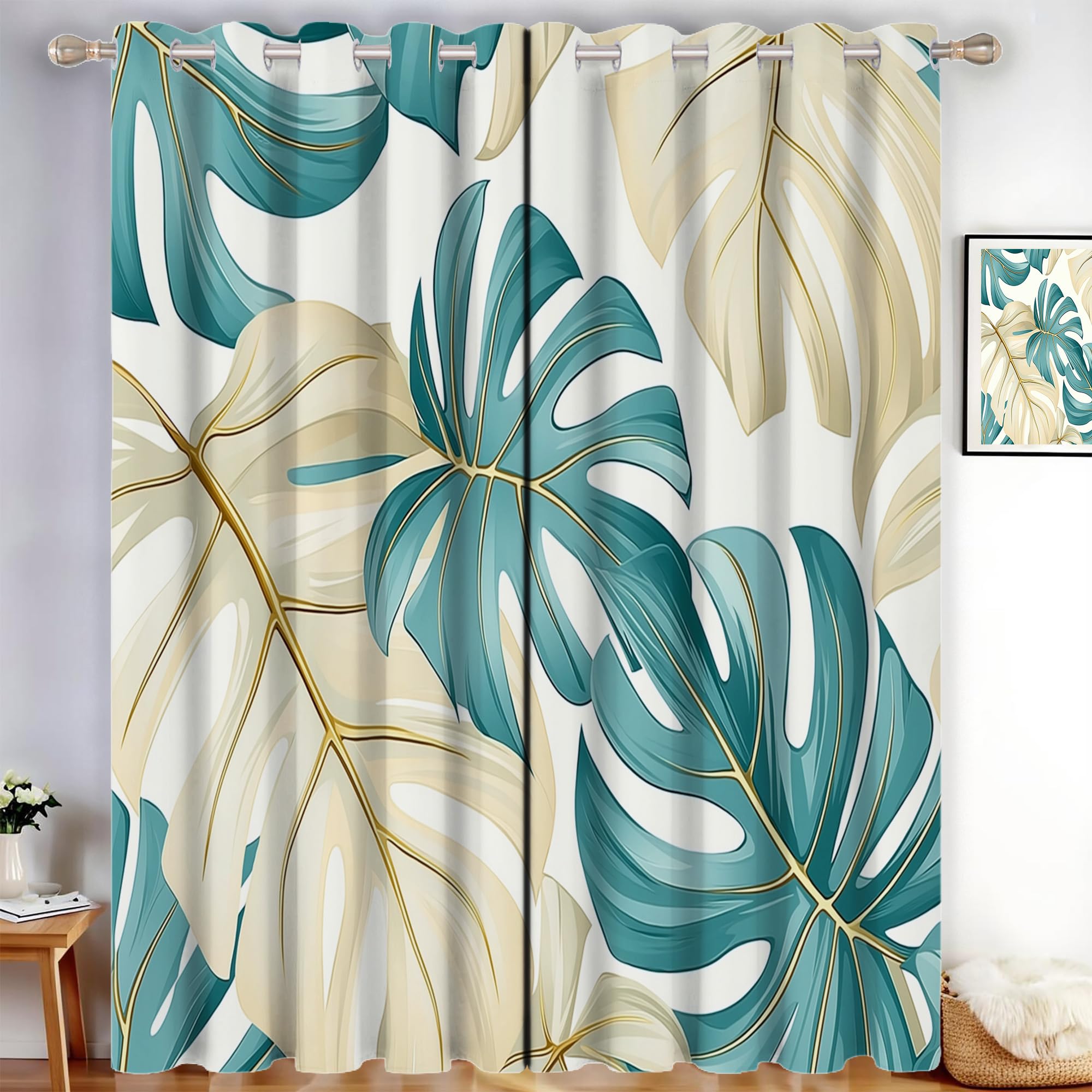 Rideaux occultants thermiques isolants anti froid beige monstera