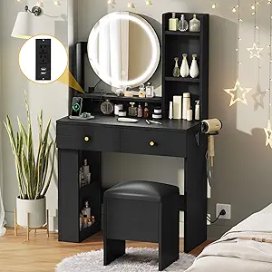 DWVO LED Makeup Vanity Desk with Charger Station and Adjustable 3 Color Lighting Mode Mirror, Black Vanity Set with Chair for Bedroom, Space Saving Vanity Desk Makeup Table for Women
