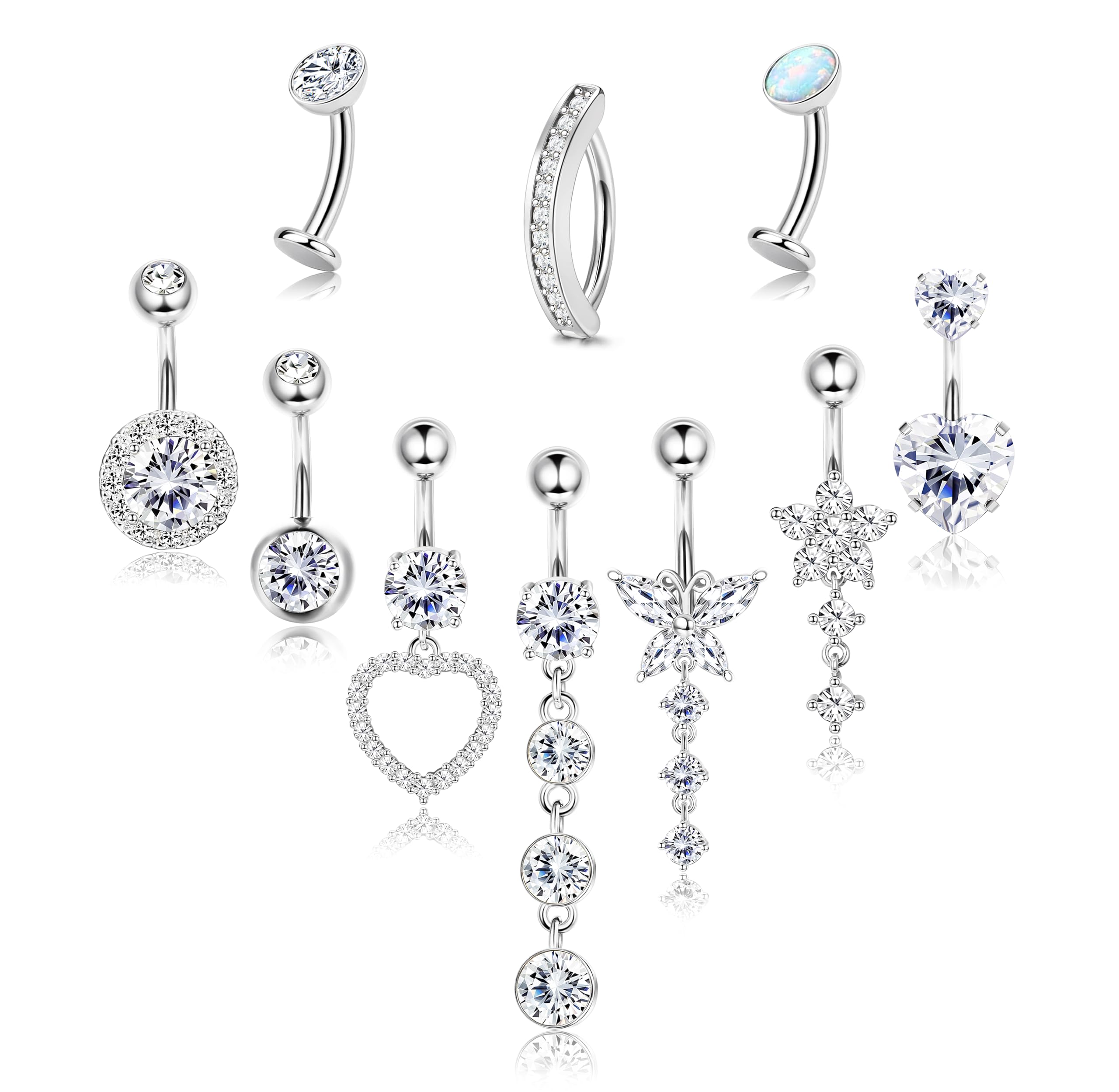 Chriscoco 10pcs 14G Piercing Nombril Acier Chirurgical Or Argent Zircon Coeur Opale Papillon Pendant Piercing Nombril Anneau Piercings Bijoux pour Femme