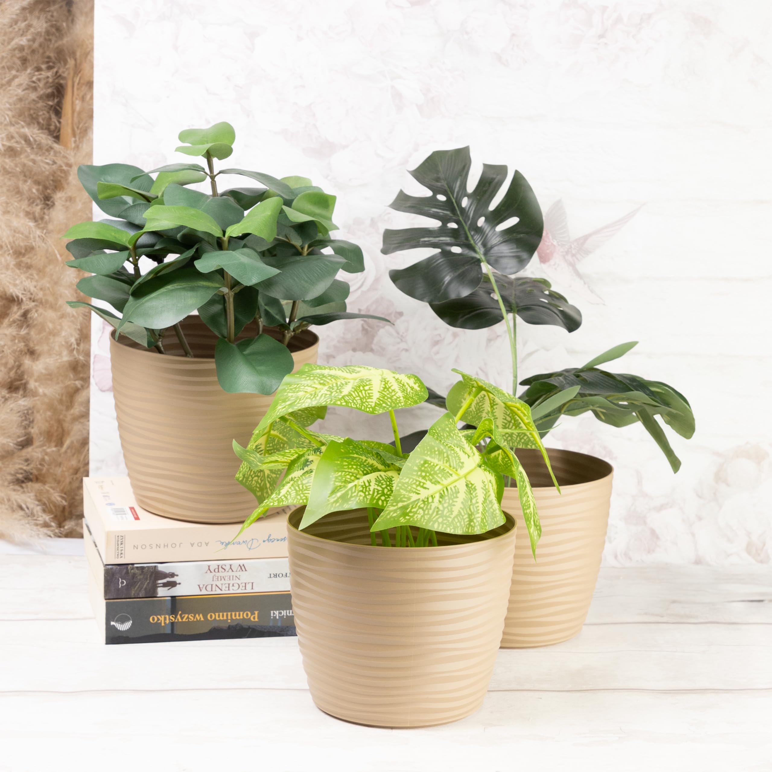 Home Garden Ornaments Plant Pots Indoor, Set of 3 Plastic Flower Pots, Unique Wave Design, No Drainage Holes - Image 2