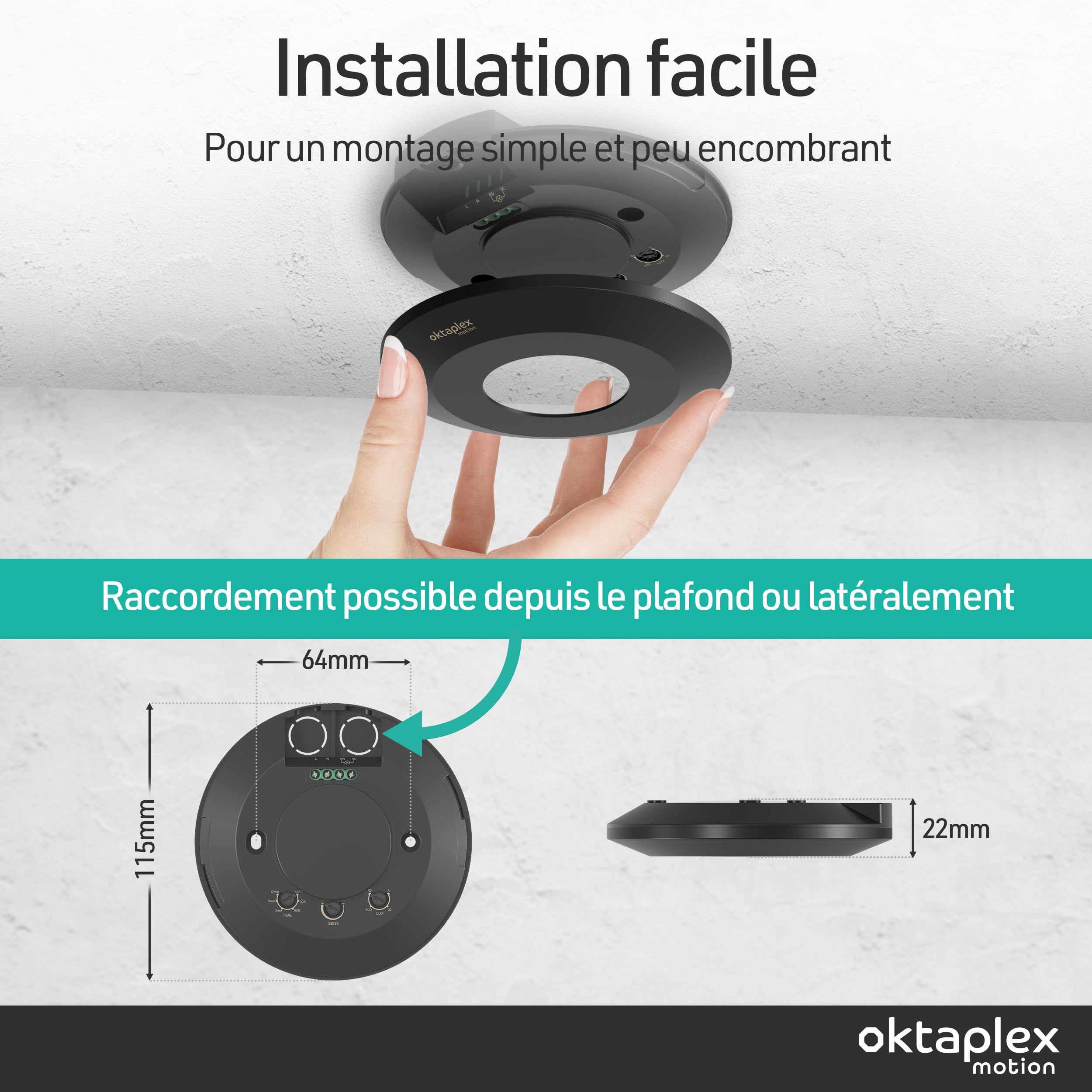 Oktaplex Isa Lot de 2 détecteurs de présence 24 GHz Noirs | Ultra-plats 22mm capteurs haute fréquence 360° pour plafond
