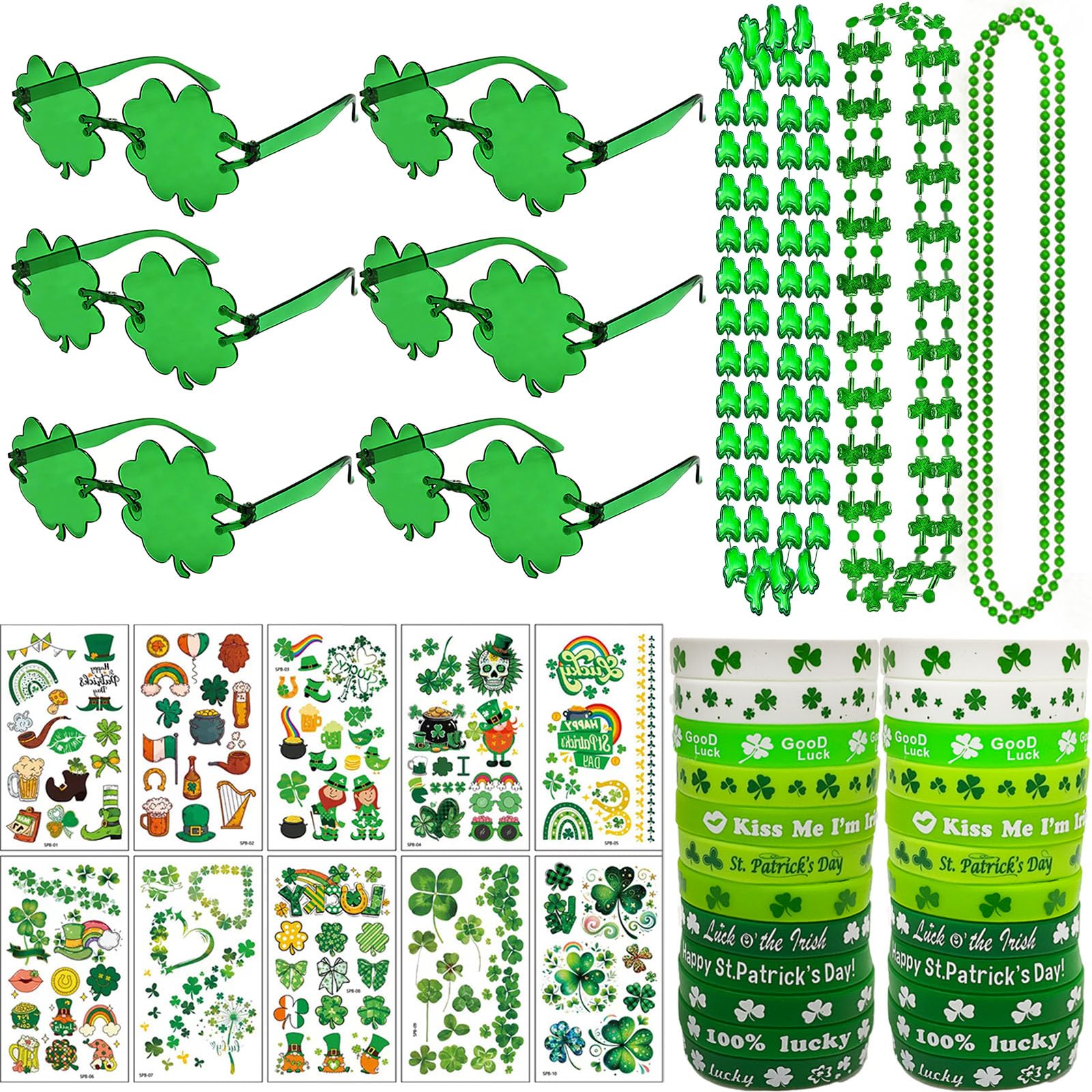 48 Pcs St Patricks Day Accessories, Irish Fancy Dress Shamrock Glasses Bracelets Green Necklace Tattoo Stickers