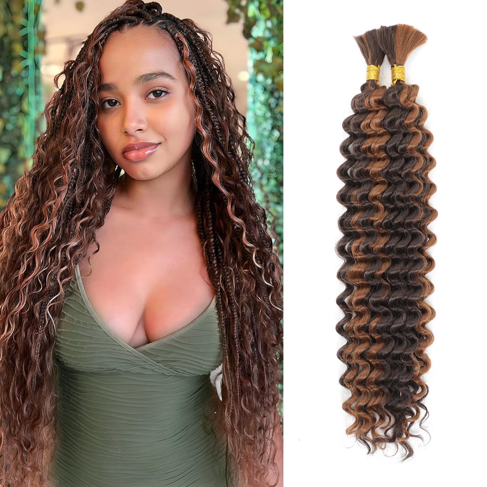 Deep Wave Bulk Hair for Braiding 18 inch No Weft Deep Wave Bundles Curly Braiding Hair Extensions for Boho Braids and Wavy Braiding Hair 2 Braids per Pack P4/30# 22 inch 1 Pack