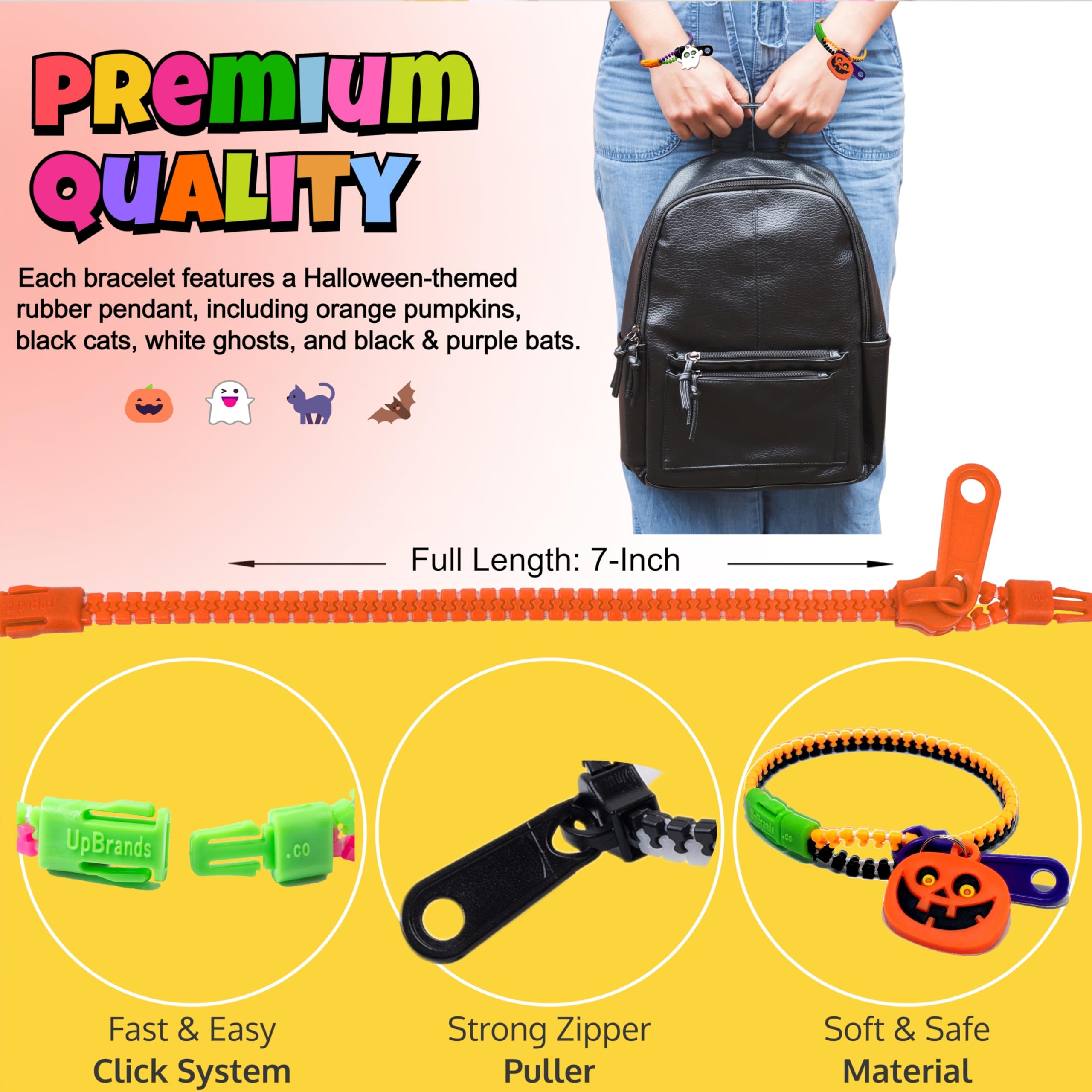 Paquete de 48 pulseras antiestrés de Halloween para niños, juguetes con cremallera a granel, rellenos de bolsas de golosinas, premios de aula, golosinas para fiestas de Halloween 3