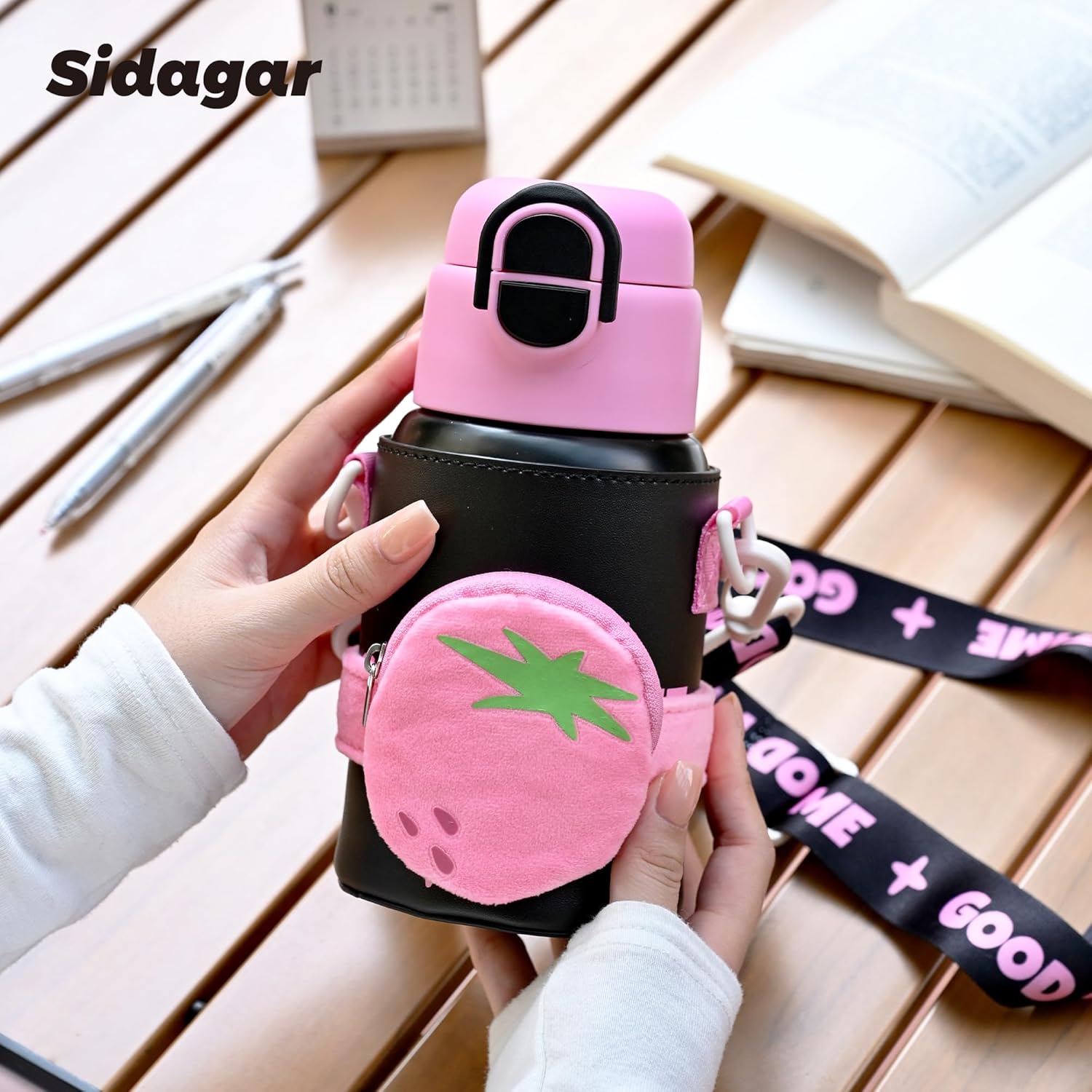 SDGA+ Kids Insulated Water Bottle with Shoulder Strap - 22 oz Kawaii Stainless Steel Tumbler with 3D Fuzzy Charm, Leak-Proof Flip Top & Vacuum Flask for School, Travel, BPA Free, Pink