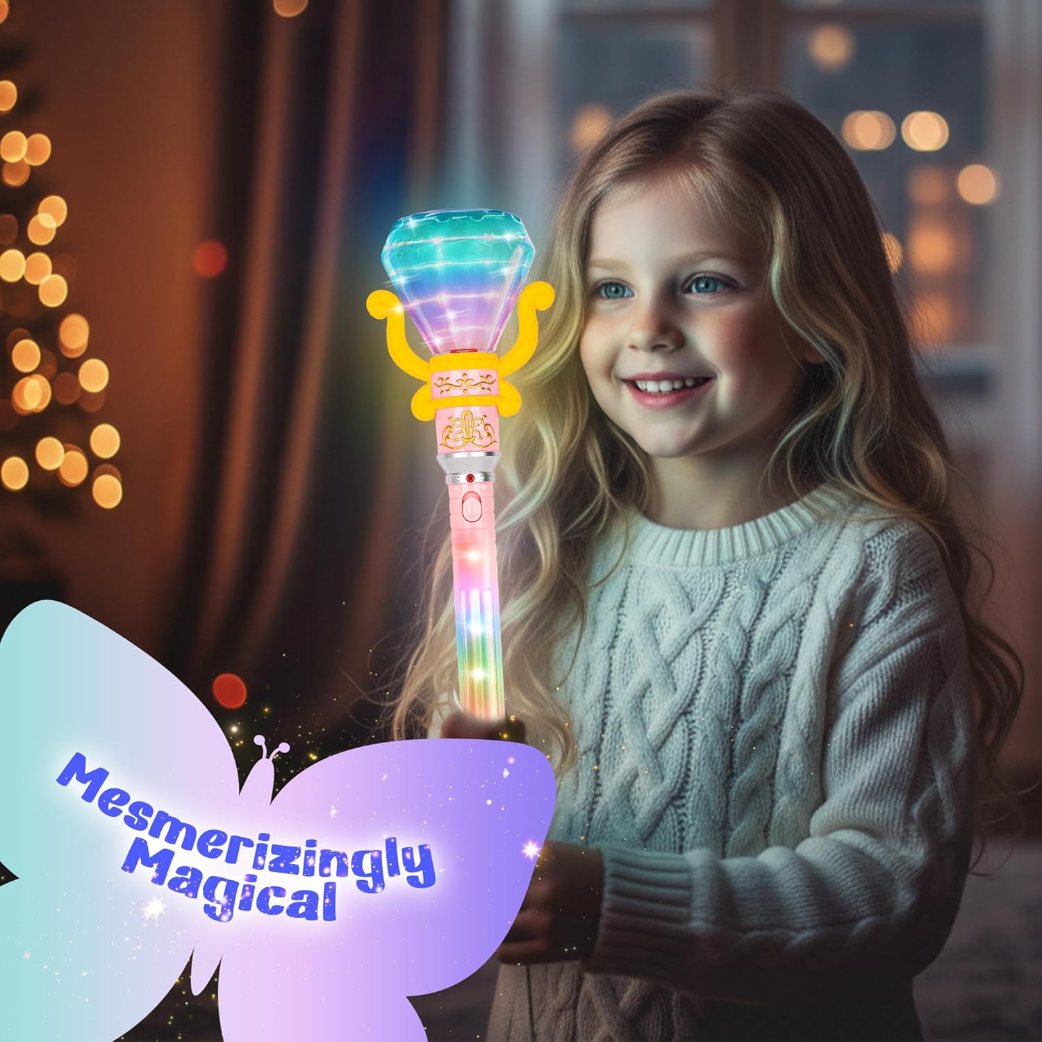 ArtCreativity Light Up Princess Wand for Kids (14 Long) - Diamond Fairy Wand with Spinning LEDs, Batteries Included - Light Up Wands for Girls and Boys, Perfect Pretend Play Toys