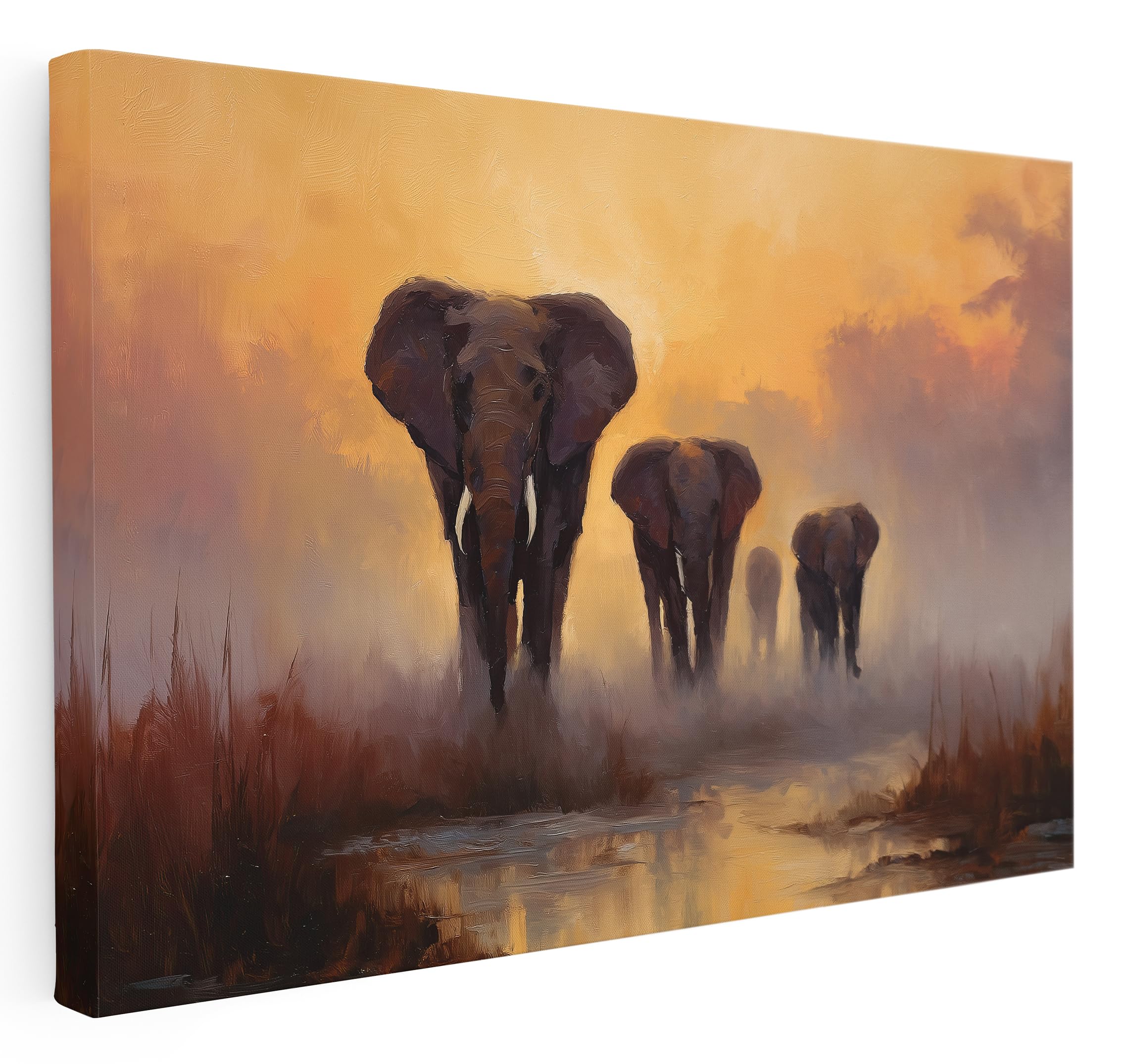Pastello Elephant Family At Dawn Canvas Wall Art – Wall Art Print for Living Room, Bedroom, Office, Framed Artwork – Serene Wildlife Sunrise Décor (87cm x 61cm / 34x24inch)