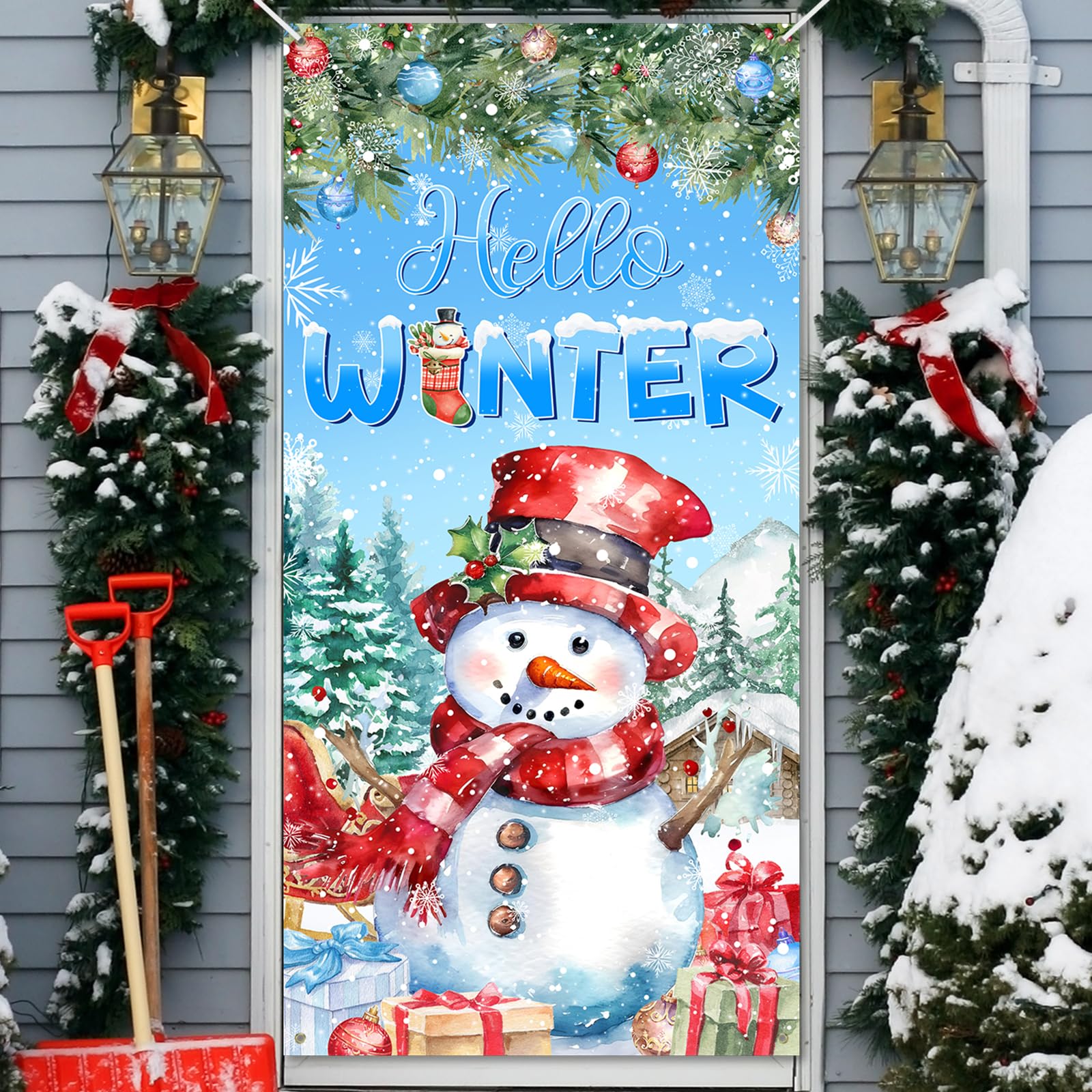 Avezano Snowman Door Cover Hello Winter Banner Snowflake Winter Wonderland Door Decorations Christmas Holiday Party Decorations Indoor Outdoor