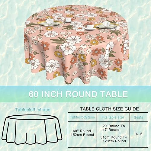 Miniatura 2 de Mantel redondo retro de los años 70 de 60 pulgadas, mantel circular de flores bohemias, poliéster, impermeable, sin manchas, sin arrugas, para el