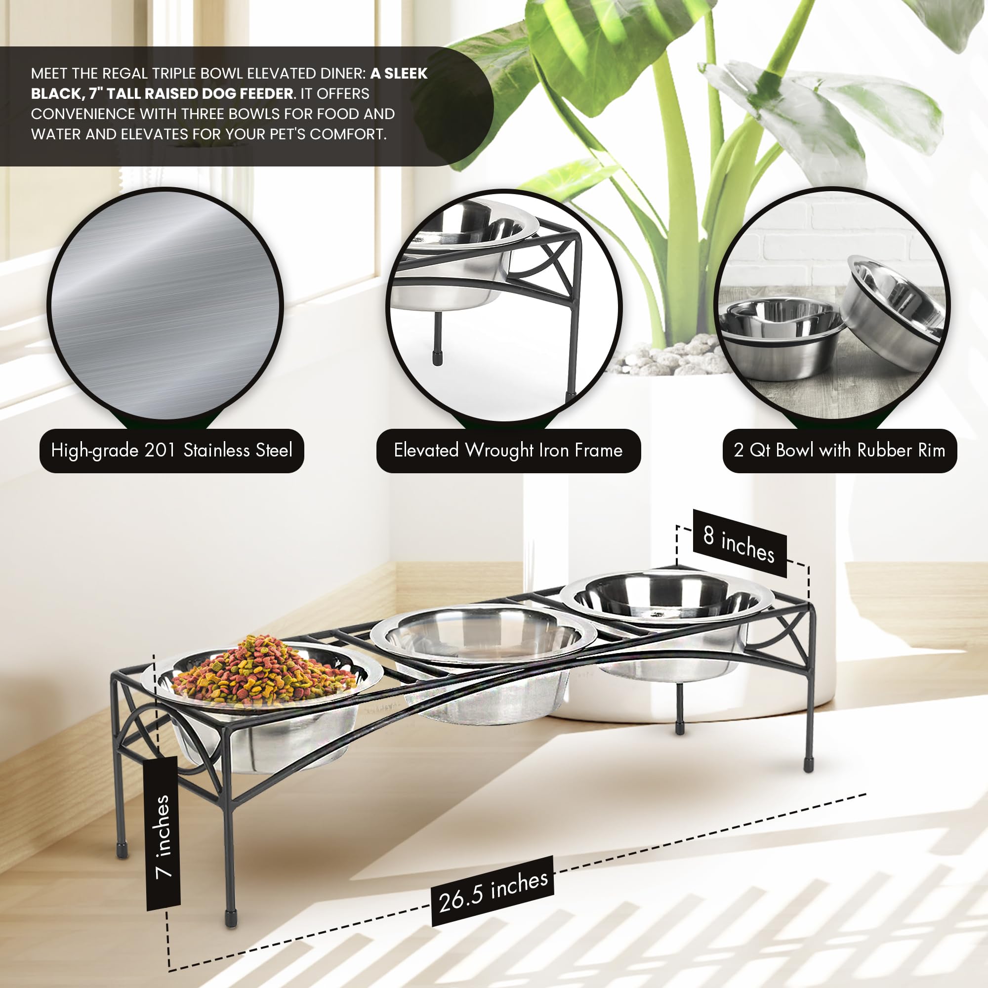 Regal - Comedero elevado de triple tazón, 7 pulgadas de alto, comedero elevado para perros, negro, estación de alimentación para mascotas de tres cuencos, alimentos, agua, cuencos elevados para