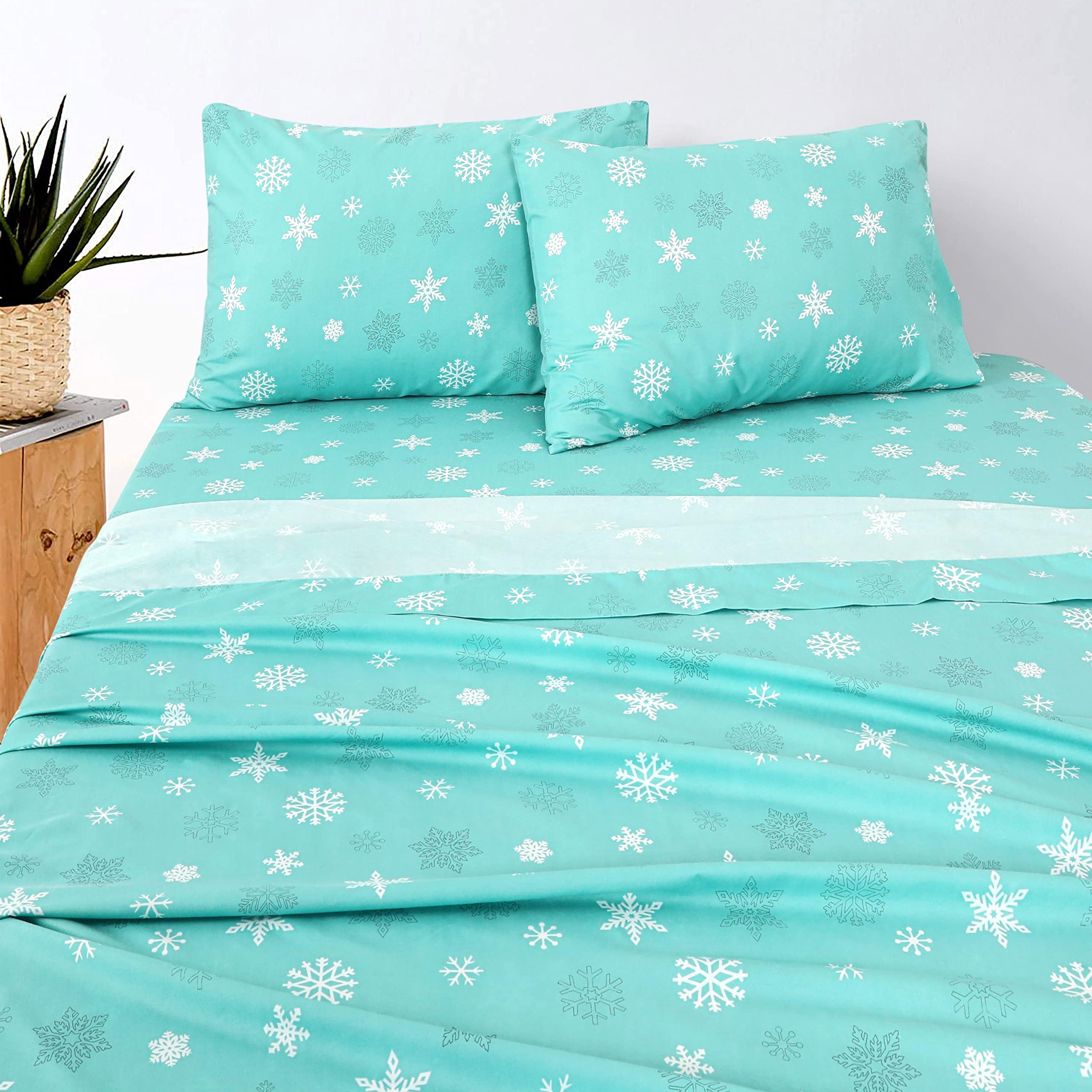 King Size Sheets Set - Snowflakes, 4 Pcs King Sheets, Ultra Soft Breathable Linen Bed Sheets for King Size Bed, Double Brushed King Bed Sheets, Hotel Luxury King Size Check Sheets Deep Pocket Set