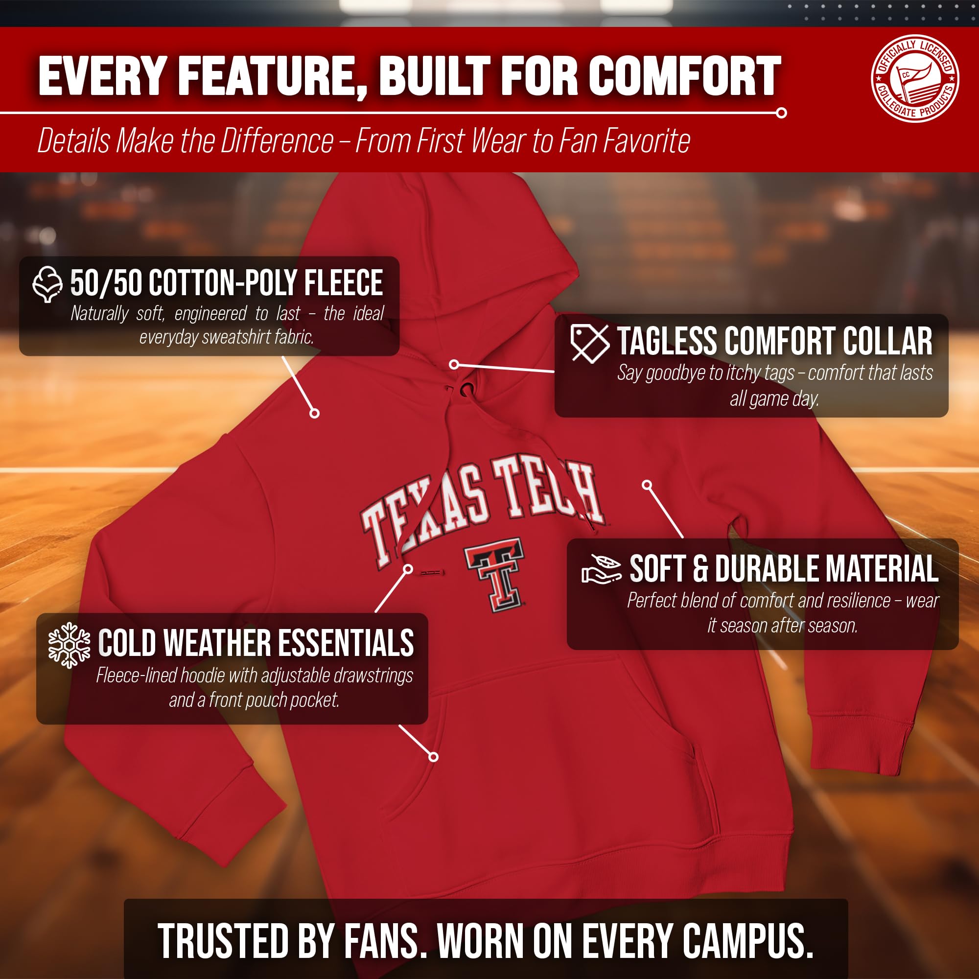 Campus Colors Long Sleeves NCAA Adult Arch & Logo Gameday Unisex Hooded Sweatshirt — view 3