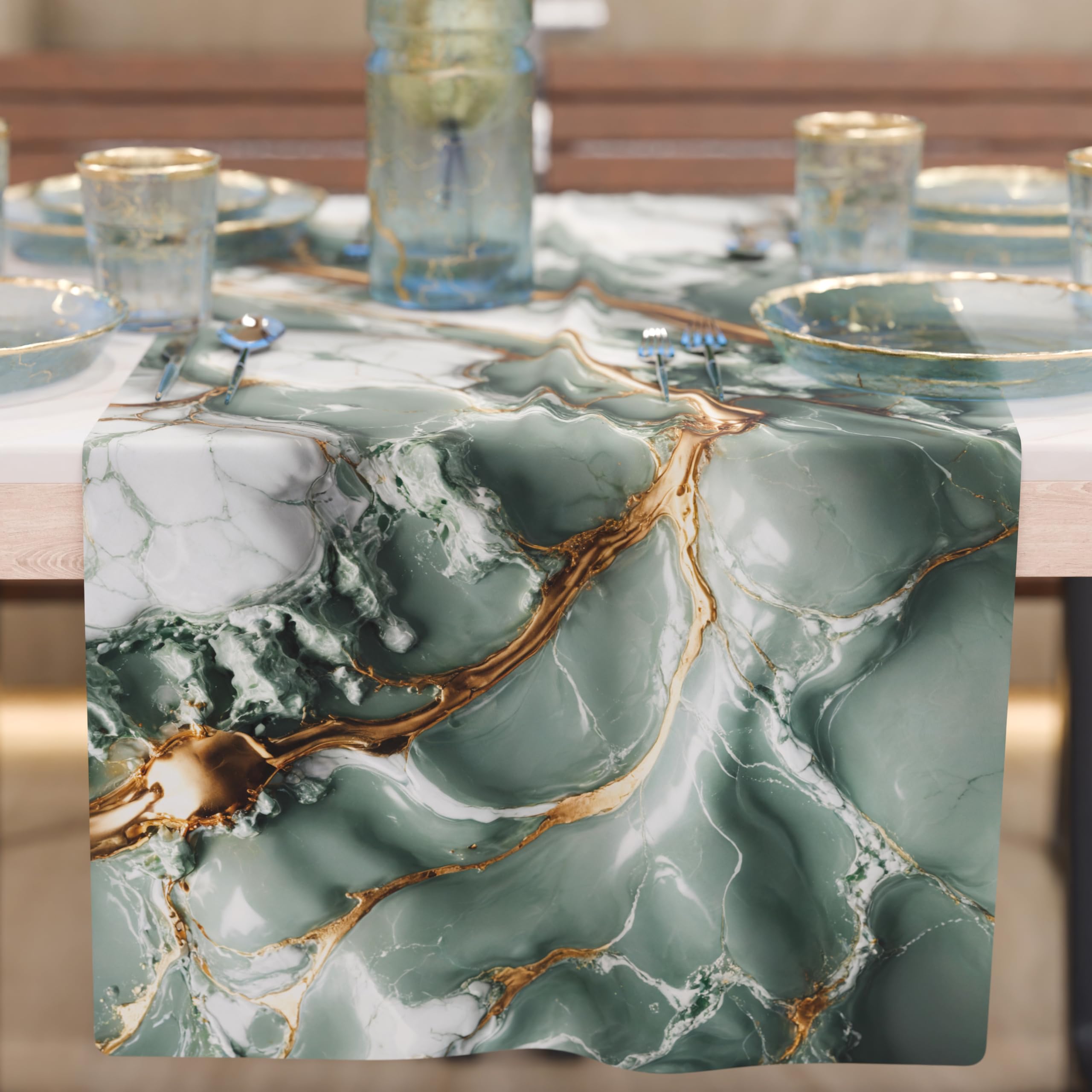 PETTI Artigiani Italiani - Modern Elegant Table Runner Table Cloth with Sage Marble Effect, 100% Made in Italy