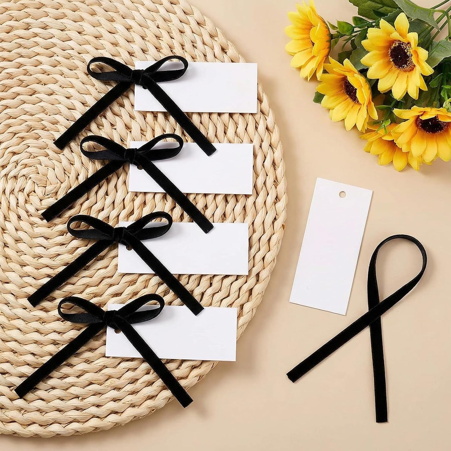 50 Pcs Name Place Cards for Table Setting - 4 x2 In Table Place Cards with Black Velvet Ribbon, Elegant Coquette Name Card Hanging Gift Tags for Wedding Dinner Bachelor Graduation Party Supplies