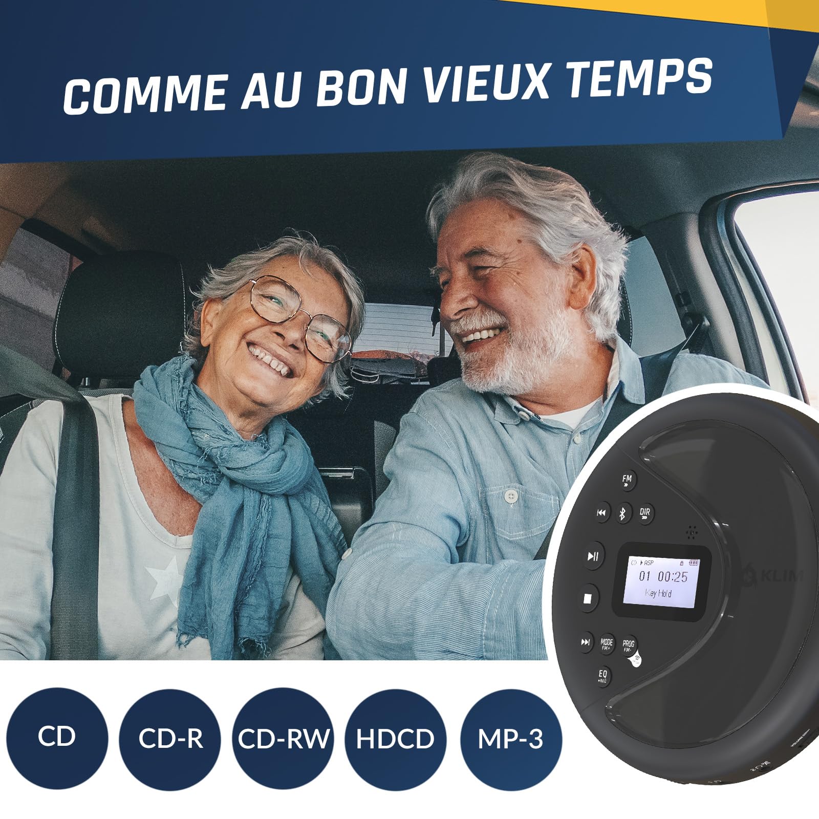 KLIM Discover - Lecteur CD Portable avec Batterie Longue durée et Casque - Radio FM - Compatible MP3 et Carte SD - Transmetteur FM, Bluetooth - Idéal pour Voiture